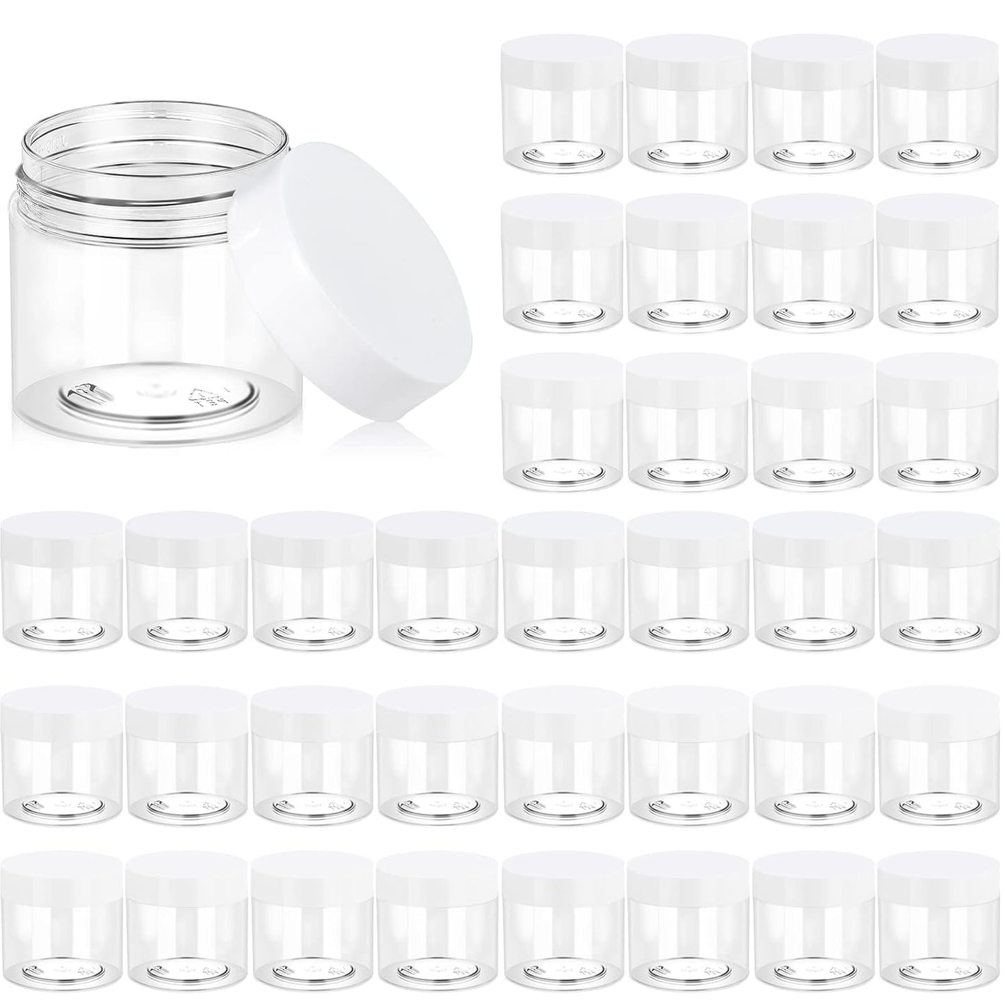 Eternal Moment 36 Pack 2 OZ Plastic Jars Round Clear Cosmetic Container Jars with White Lids, Perfect for Lotion, Slime，Cream, Ointments, Makeup, Eye Shadow, Samples, Pot, Travel Storage