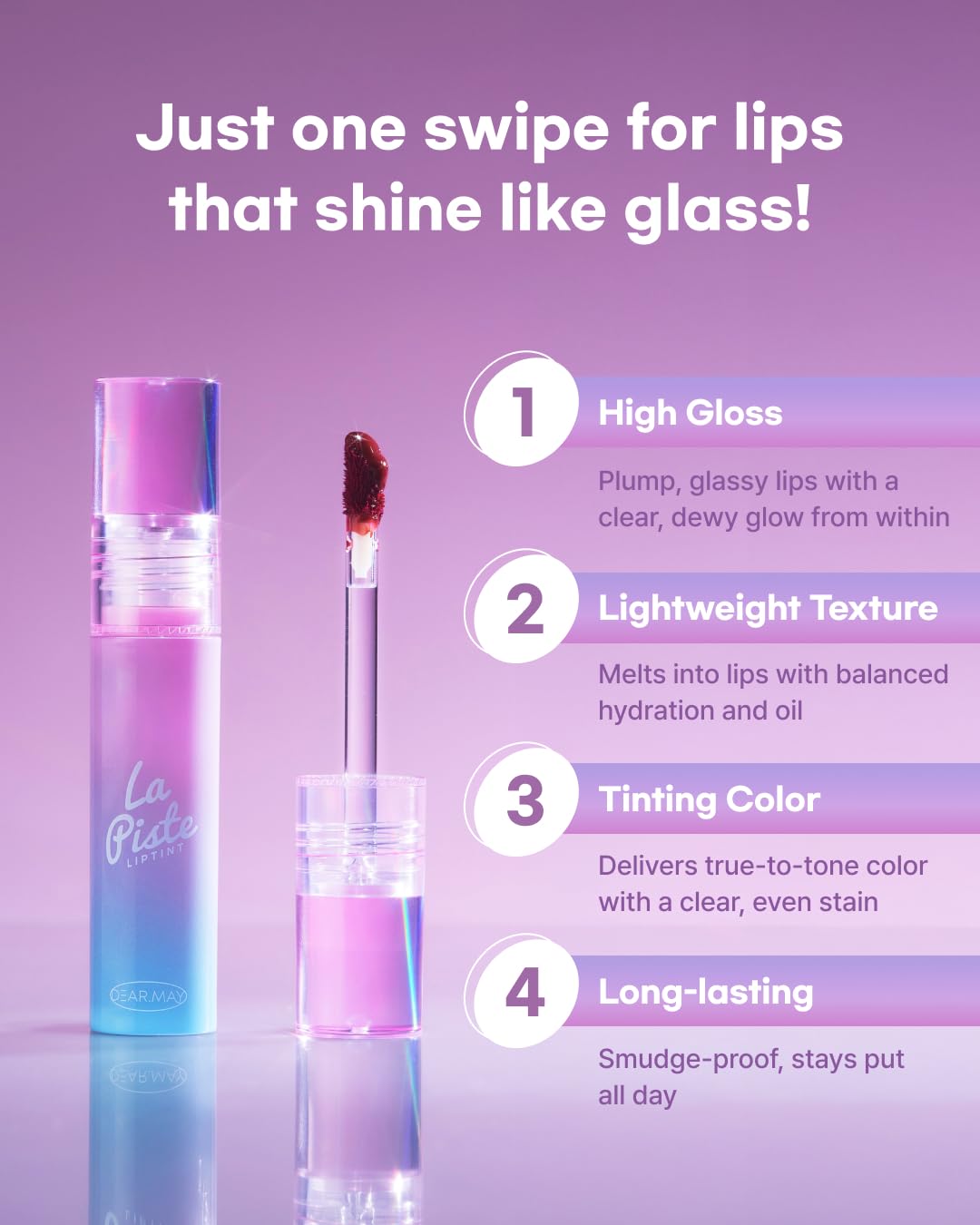 DEARMAY LA PISTE LIP TINT LP01 Voyage 0.14 oz. long lasting lip stain with glossy finish and lightweight texture, non sticky, hydrating formula with no flaking and glassy vivid tint, korean makeup