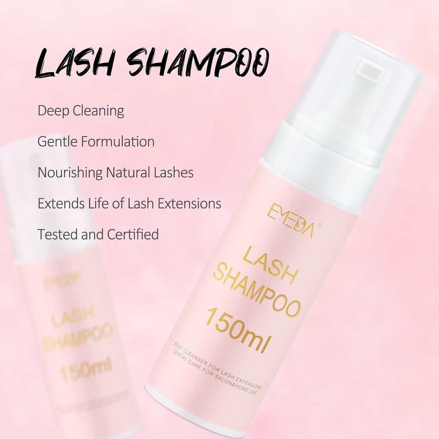 EMEDA Lash Shampoo for Lash Extensions Lash Cleaning Kit 150ml with Lash Fan Dryer Lash Extension Cleanser Oil Free Foam Soap Lash Bath with Rinse Bottle, Brush, Hair Band