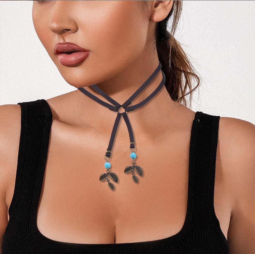 Y2K Necklace Puffy Turquoise Beaded Necklaces Pendant Boho Necklace Leather Choker Wrap Necklaces Jewelry for Women