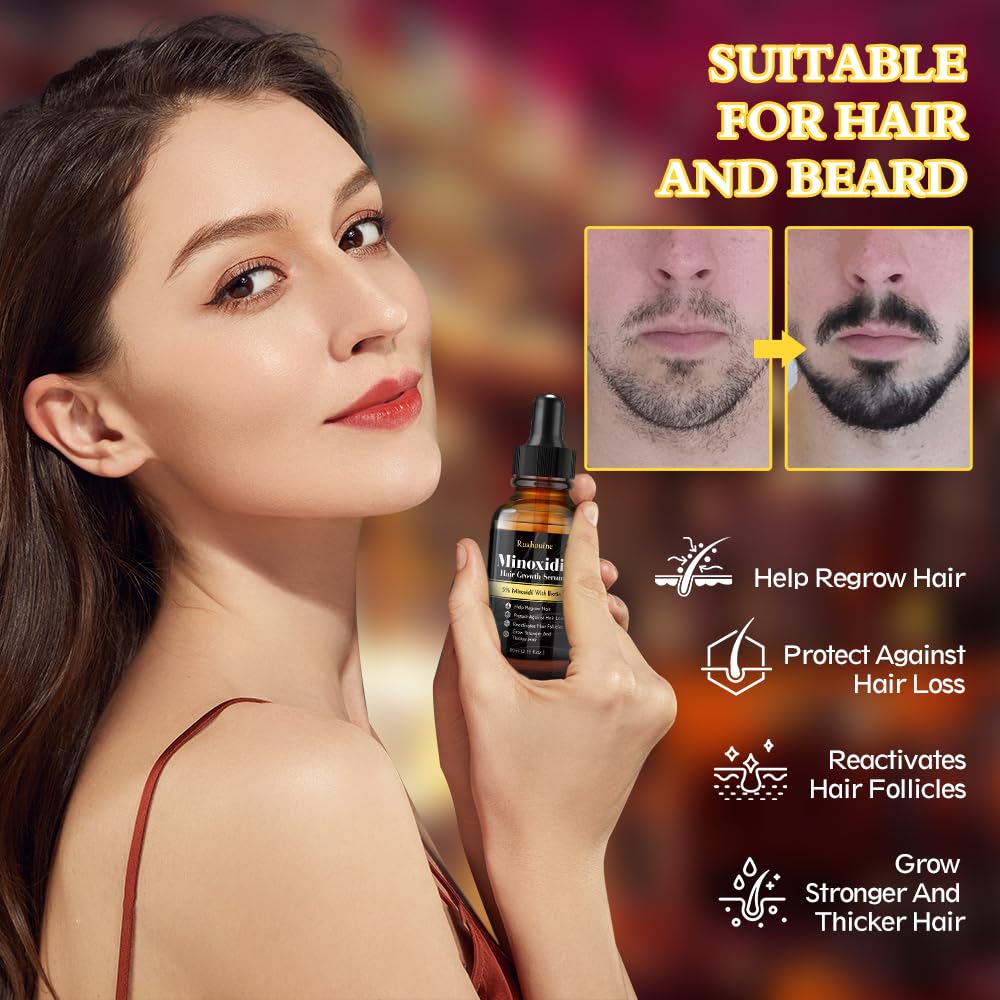 2-Pack 5% Minoxidil Hair Growth Serum, Hair Regrowth Treatment for Men and Women, Strengthens and Thickens Hair for Fuller, Longer Results, Beard and Facial Hair Enhancer