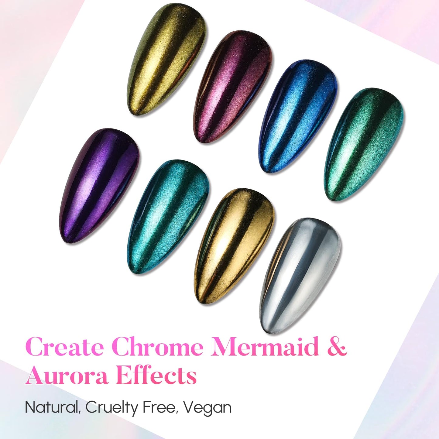 AIMEILI Pearl Chrome Nail Powder, Vegan, Cruelty Free, 8 Colors Aurora Metallic Holographic Mirror Effect Nail Art Pigment Iridescent Shell Glitter Nail Art