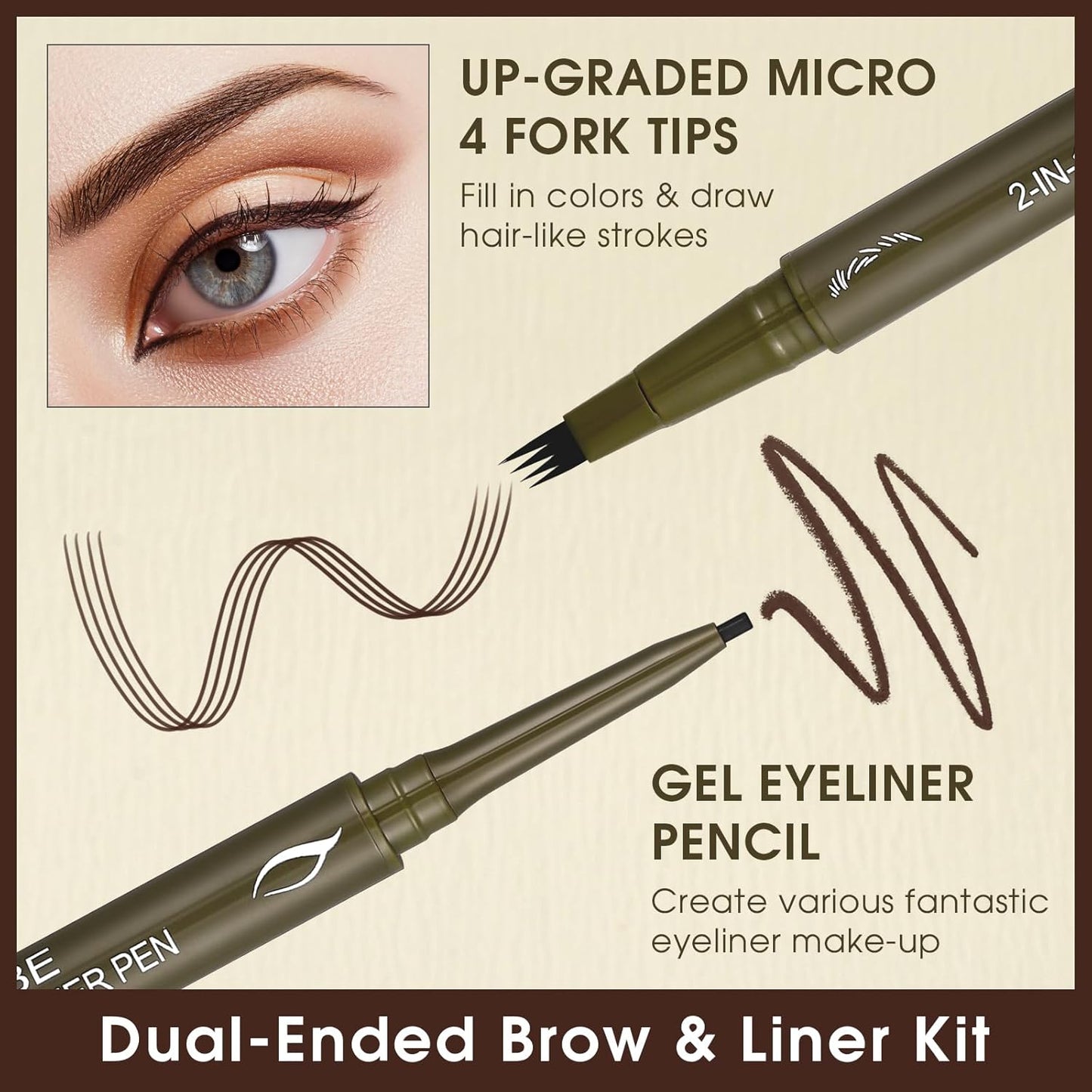UCANBE Eyebrow Pencils for Women with Spoolie Brush, Dual-Ended Eyebrow Pen with 4-Fork-Tip & Gel Eyeliner, Microblading Brow Pen with Eyeliner Pencil + Brow Brush for Hair Like Brows, Classic Brown