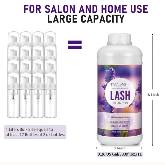 Lash Shampoo Bulk, Eyelash Cleanser for Extensions 1 Liters, Safe Makeup Remover, Non-irritating or Burning Formula Eyelid Foaming Cleanser for Professional Salon and Home Use (Lavender-1L)