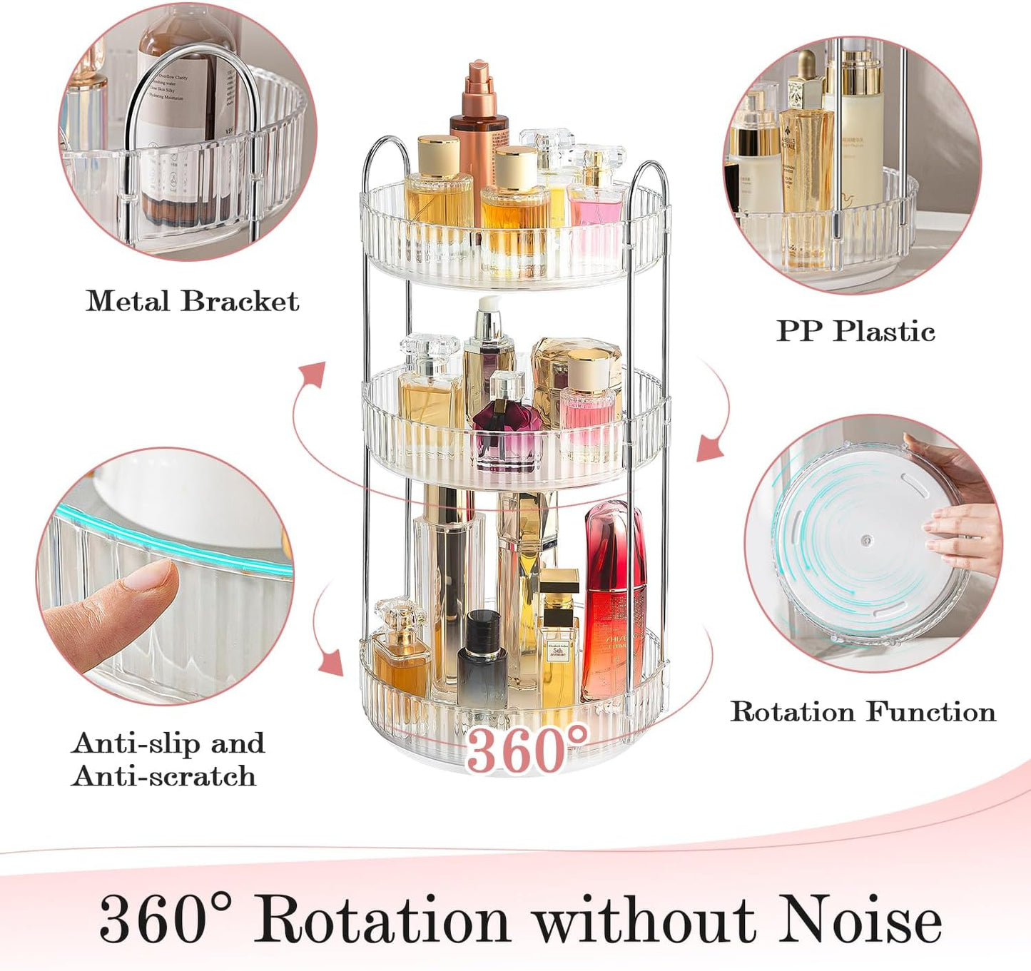360° Rotating Makeup Organizer for Vanity, Spinning Cosmetics Organizer Holder Rack, Large Capacity Bathroom Organizer Countertop, Fits Perfume, SkinCare, Makeup Brushes 3 Tiers, Transparent