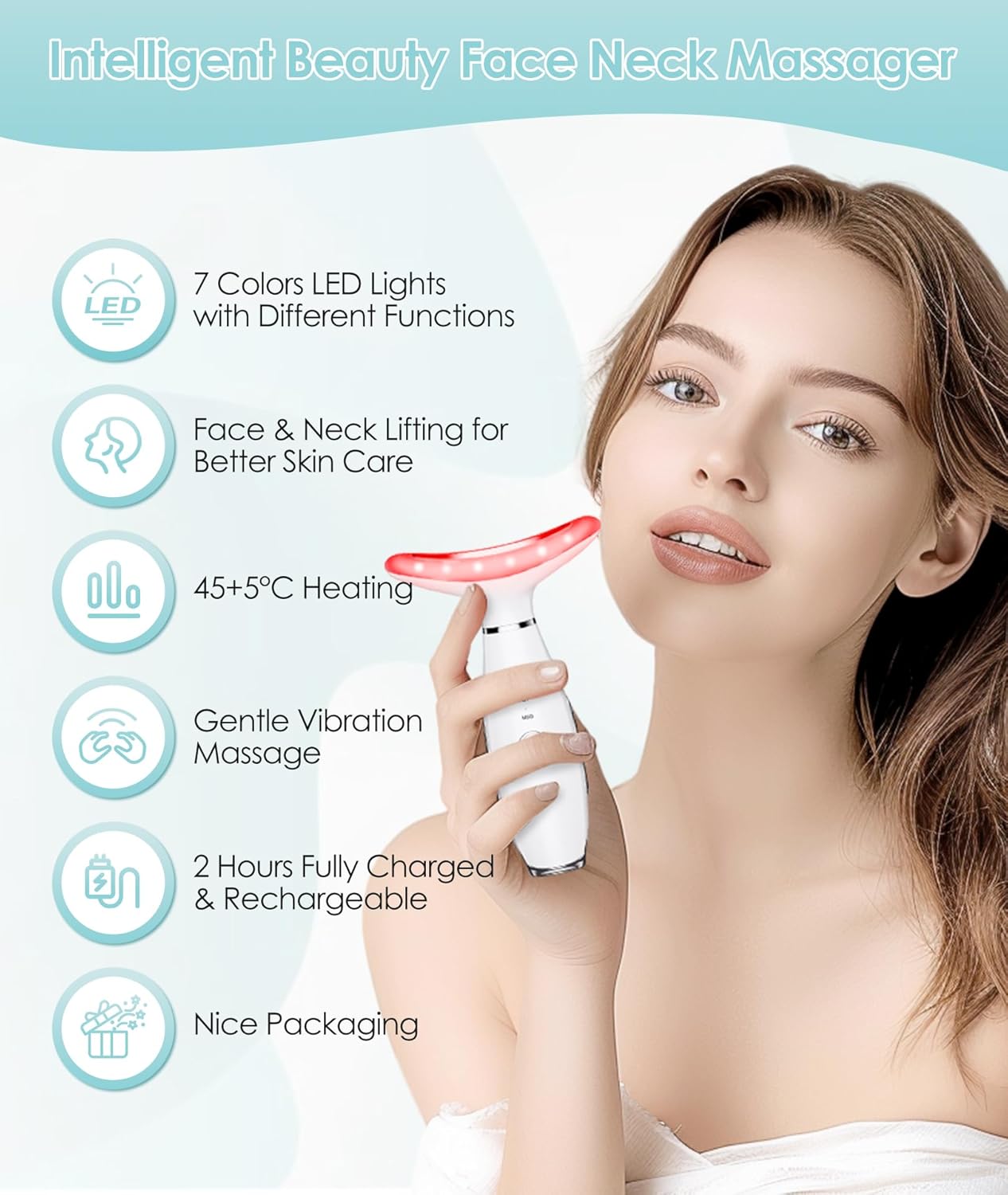 7 Color Neck Face Massager - Facial Massager Tool for Skin Care at Home, Vibrating Face Massager with Thermals, Galvanic Machines White