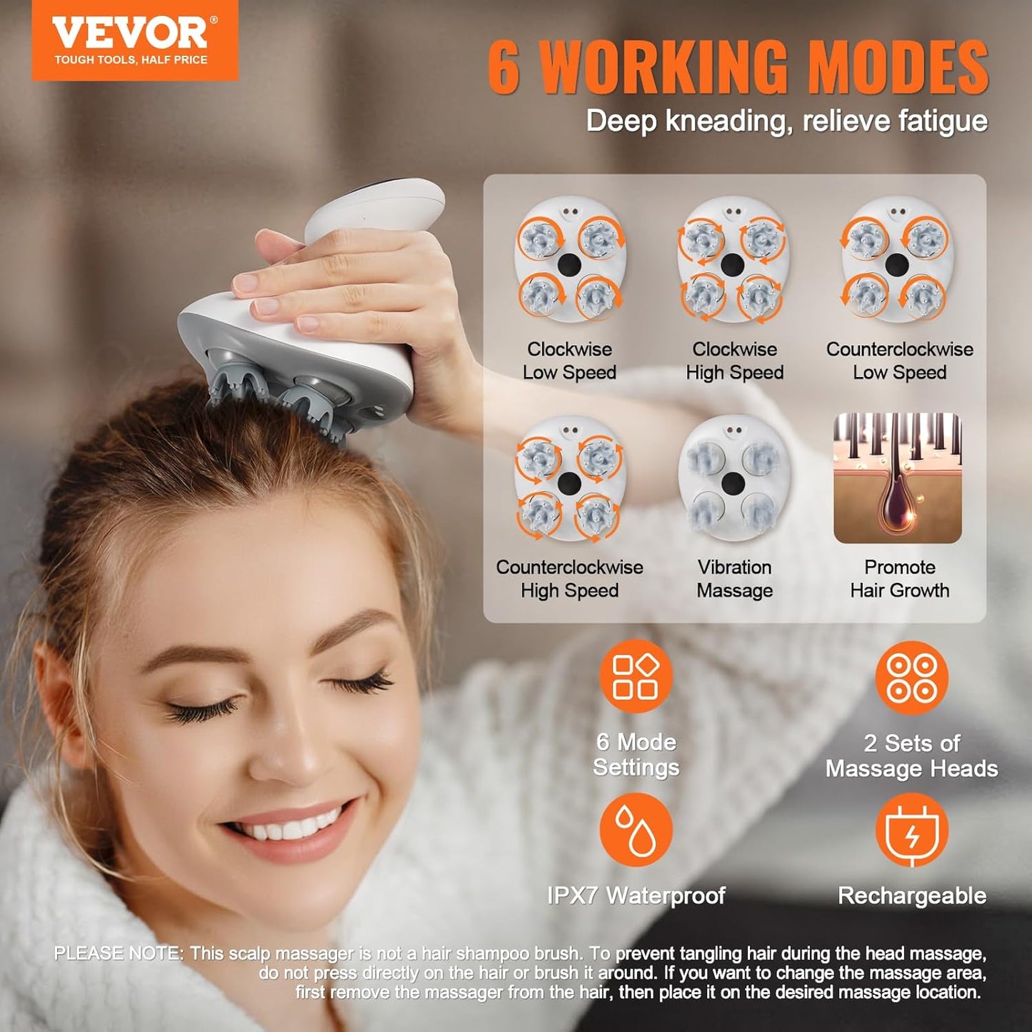 VEVOR Electric Cordless Hair Scalp Massager with Kneading 484 Massage Nodes, Handheld Portable Head Scratcher Massager for Deep Clean and Stress Relax, Gifts for Men Dad
