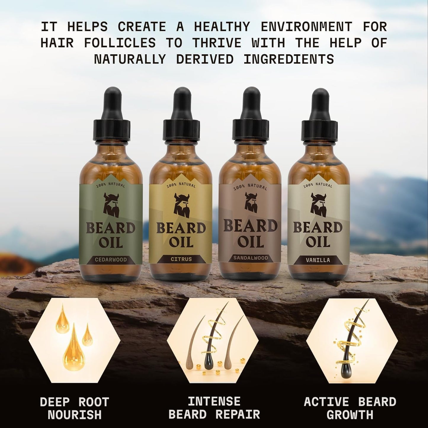 Striking Viking Beard Oil for Men - 0.66 Fl Oz, 4 Pack of Vanilla, Sandalwood, Cedarwood, Citrus - Naturally Derived Conditioner with Almond, Tea Tree, Argan & Jojoba Oil for Beard Growth & Softening