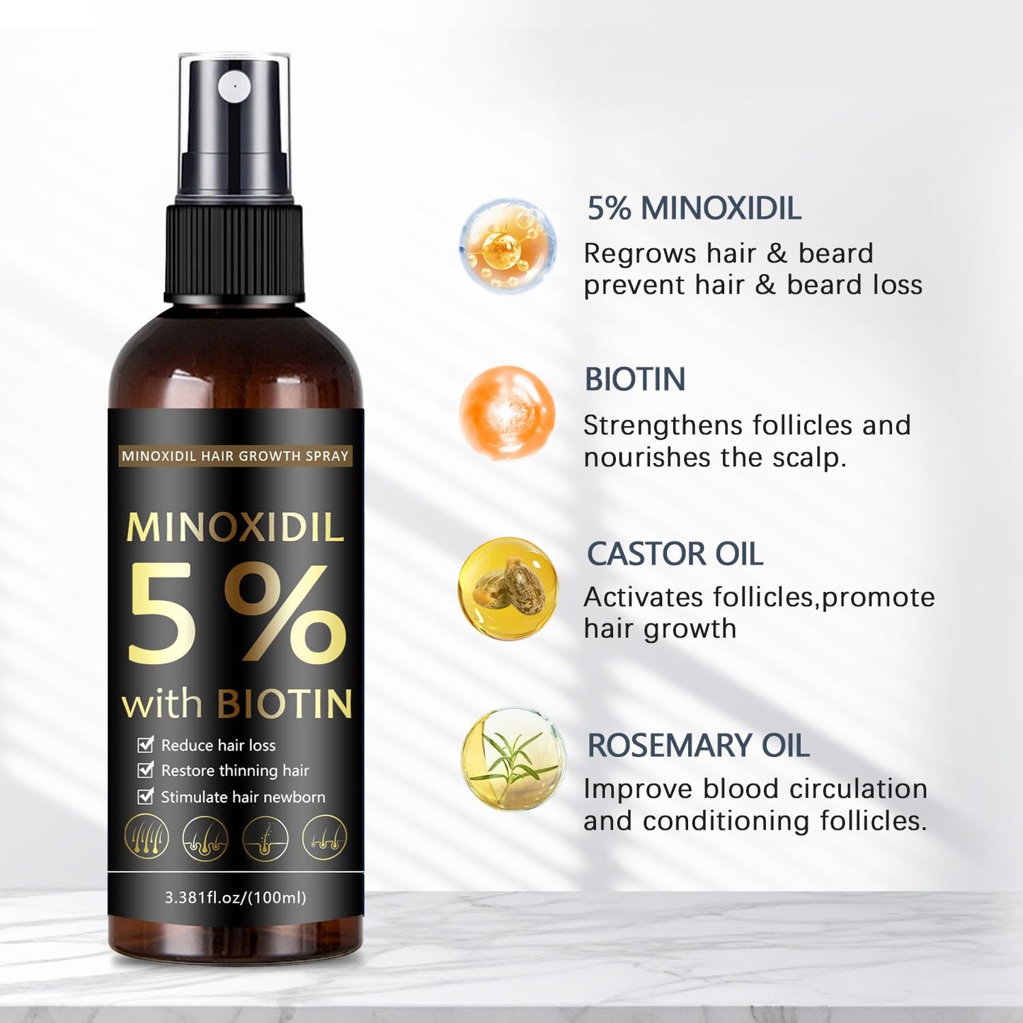 5% Minoxidil Hair & Beard Growth Spray with Biotin for Men & Women, Hair Regrowth, Treatment for Hair Loss & Thinning, for Stronger Thicker Fuller Healthier Hair, for All Hair Types, 3.38 oz