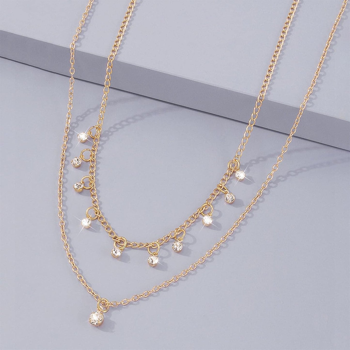 Boho Layered Gold Choker Necklace Crystal Pendant Necklace Rhinestone Tassel Choker Necklace Sparkly CZ Dangle Necklace Chain Jewelry for Women and Girls (Gold)