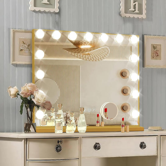 Gold Hollywood Vanity Mirror with Lights, 15 Dimmable Bulbs, 3 Color Lights,Make Up Lighted Mirror, Aluminum Metal Frame, USB Charging Port（23" x 18"）