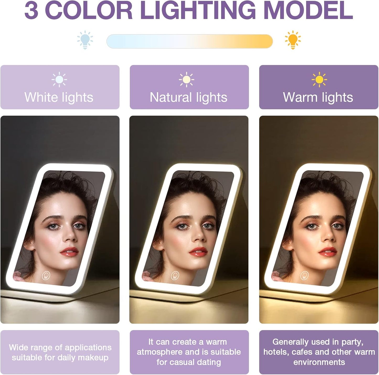 Kintion Travel Makeup Mirror, Portable LED Lighted Makeup Mirror, 360° Rotation Touch Screen Vanity Mirror, 60 LEDs, 3-Color Dimmable Lighting, Rechargeable Tabletop Folding Cosmetic Mirror, Black