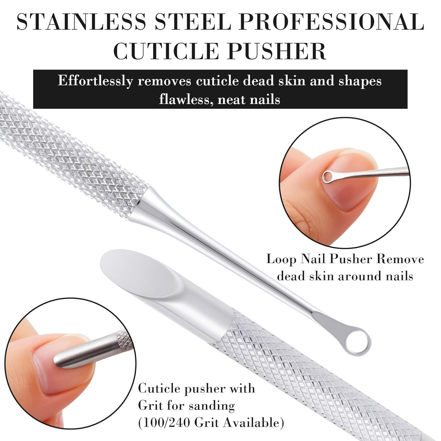 1 Pcs Cuticle Pusher Tool with 100#/240# Grit Nail Files, Metal Cuticle Tools, Stainless Steel Round Manicure Tools for Manicure Pedicure Nail Art, Salon, Home Use