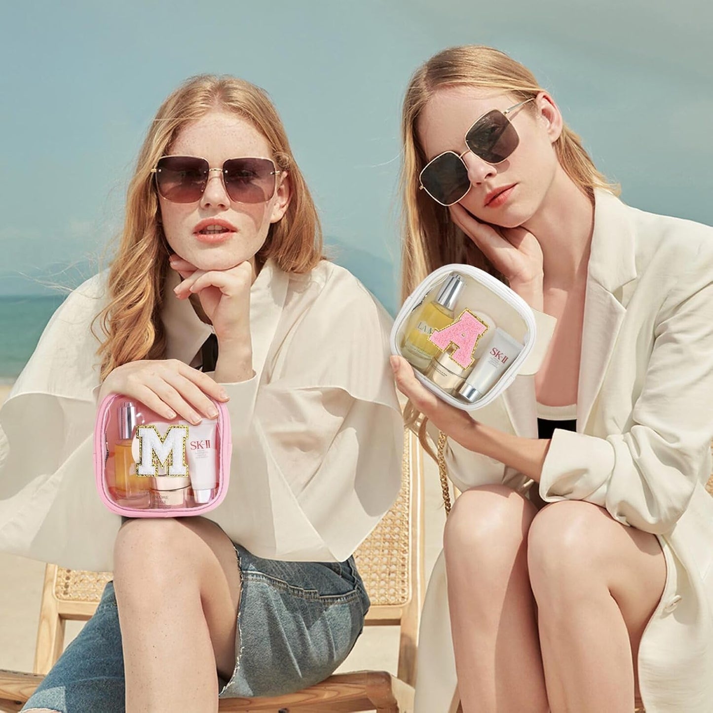 YOOLIFE Initial Make Up Bag Travel Toiletry Bag, Clear Makeup Bag Preppy Cosmetic Bags Organizer Travel Essentials Gifts for Women Teen Girlfriend Teacher Mom Birthday Mothers Day Gifts White M