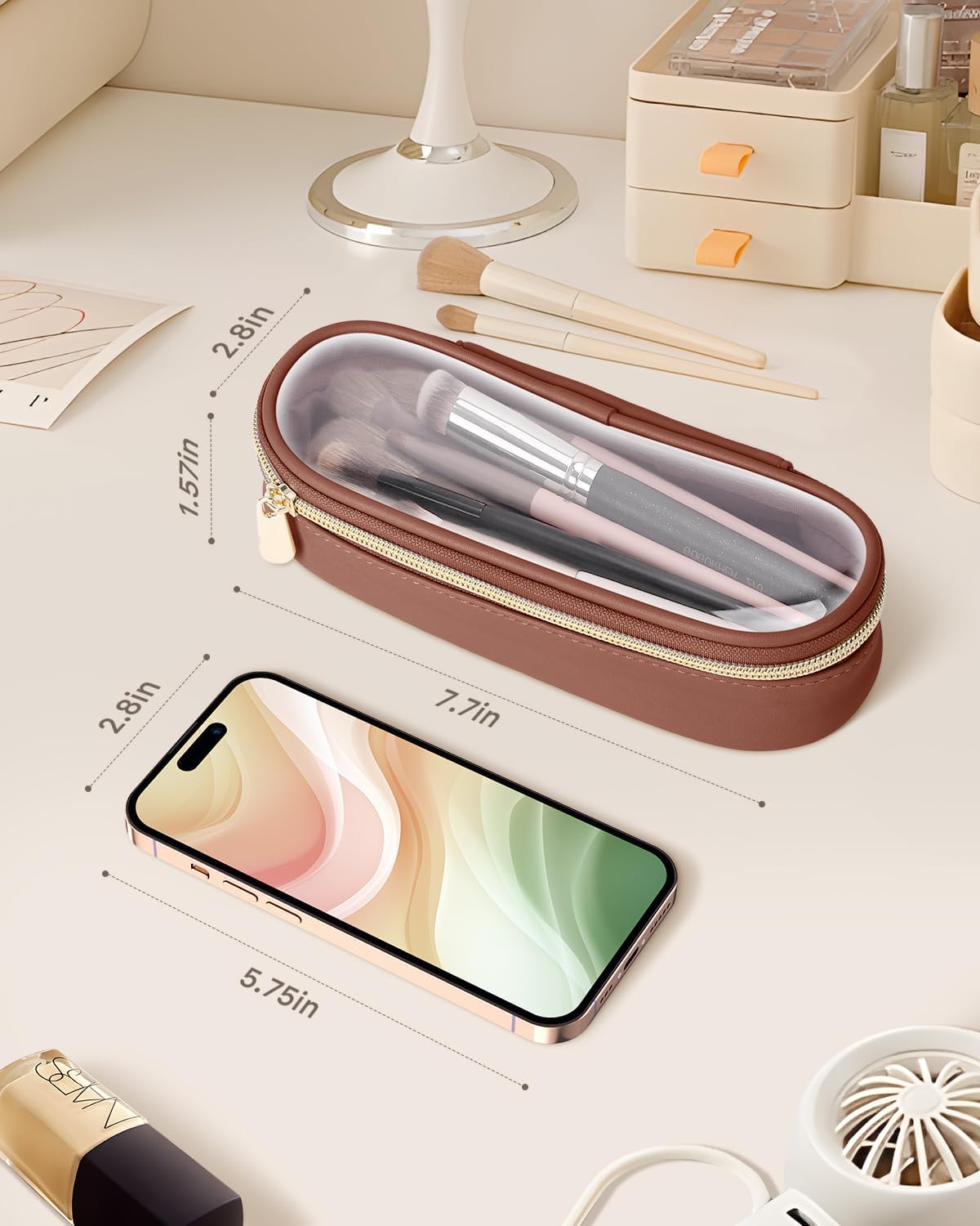 Clear Travel Makeup Brush Holder, Leather Makeup Brush Toiletry Bag, Portable Cosmetic Brush Case, Transparent Waterproof Makeup Brush Storage Bag, Brown