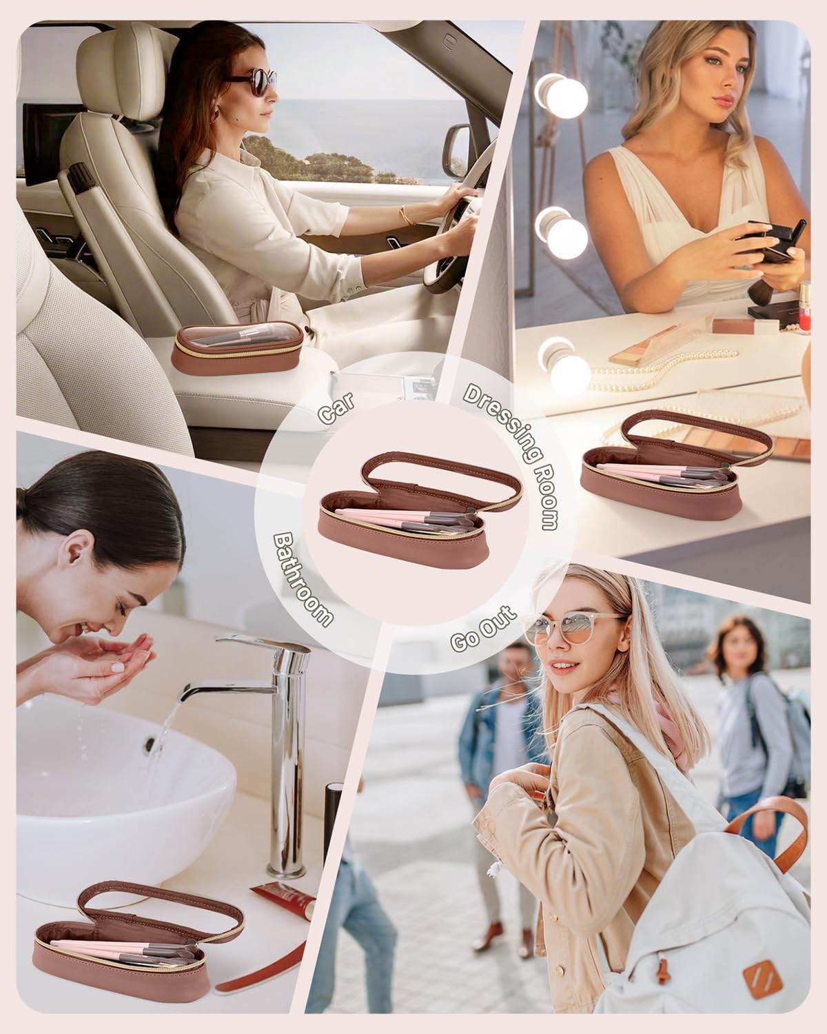 Clear Travel Makeup Brush Holder, Leather Makeup Brush Toiletry Bag, Portable Cosmetic Brush Case, Transparent Waterproof Makeup Brush Storage Bag, Brown