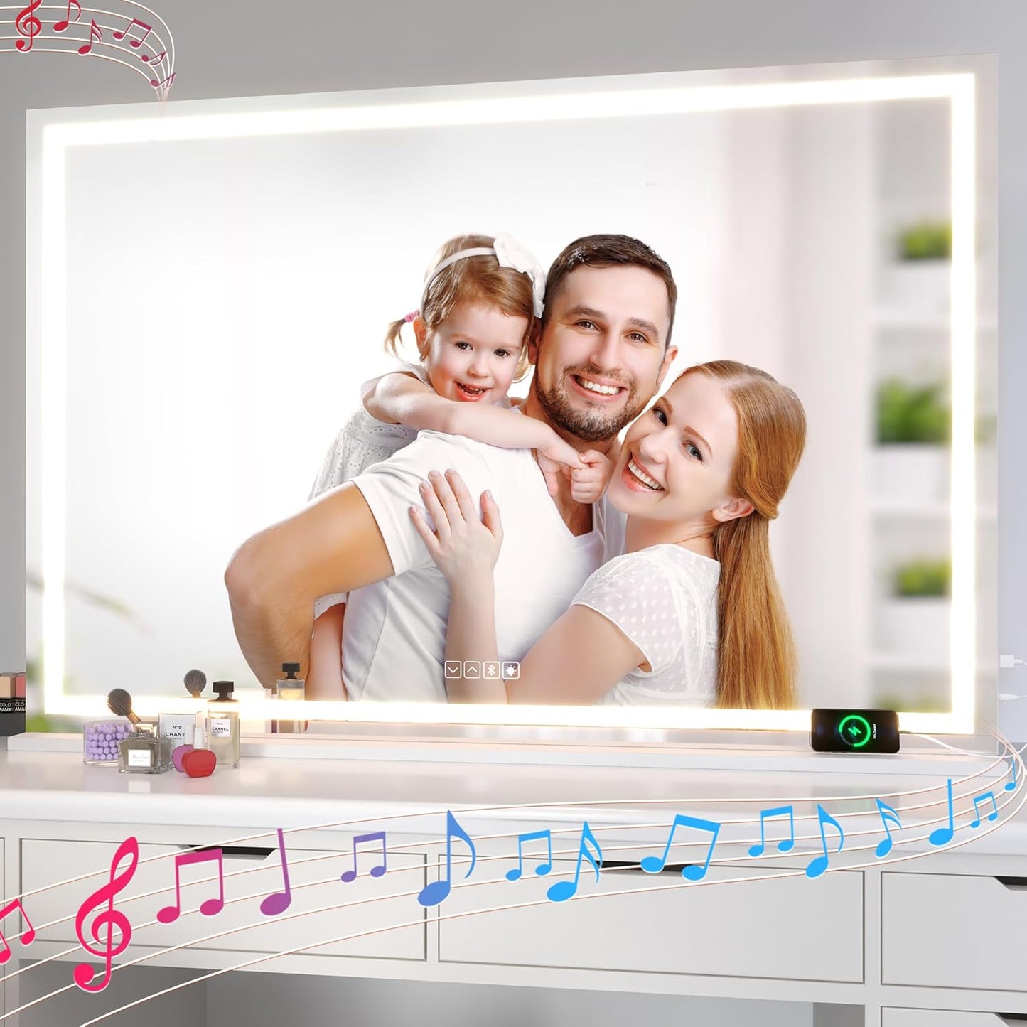 Hasipu Vanity Mirror with Lights and Bluetooth Speaker, 50" x 33.9" LED Makeup Mirror, Lighted Makeup Mirror with Dimmable 3 Modes, Touch Screen Control Vanity Mirror Square White