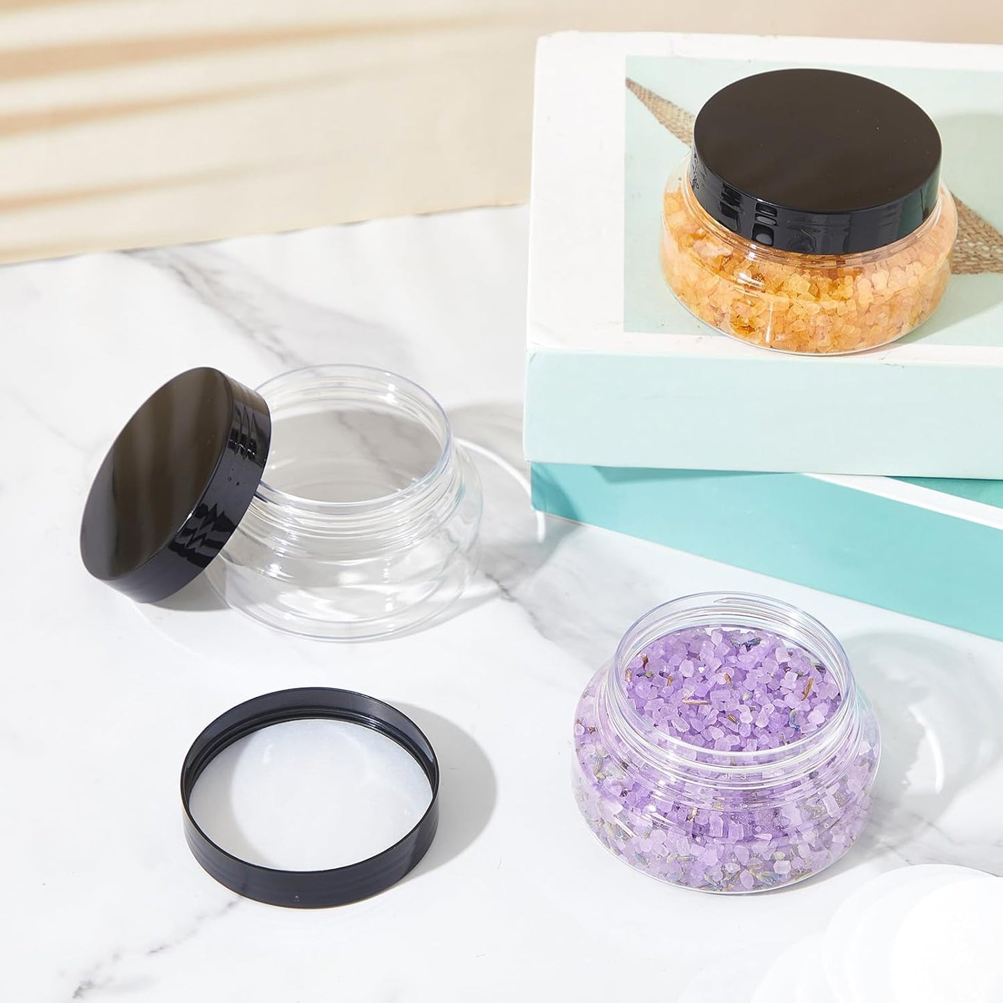 Tessco 24 Pack Plastic Jars with Lids Labels Empty Clear Plastic Jars Round Refillable Cosmetic Containers Body Butter Containers Bulk Sugar Scrub Bottle for Make Up(5 oz,Clear, Black)