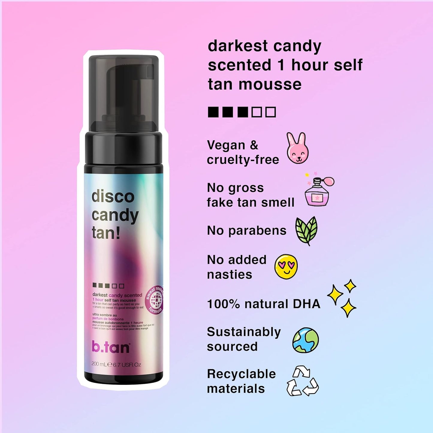 b.tan Dark Self Tanner Mousse | Disco Candy Tan - Best, 1 Hour Express Sunless Tanning Foam, Candy-Scented, Sweat-Proof & Transfer Resistant, No Fake Tan Smell, Vegan, Cruelty Free, 6.7 Fl Oz