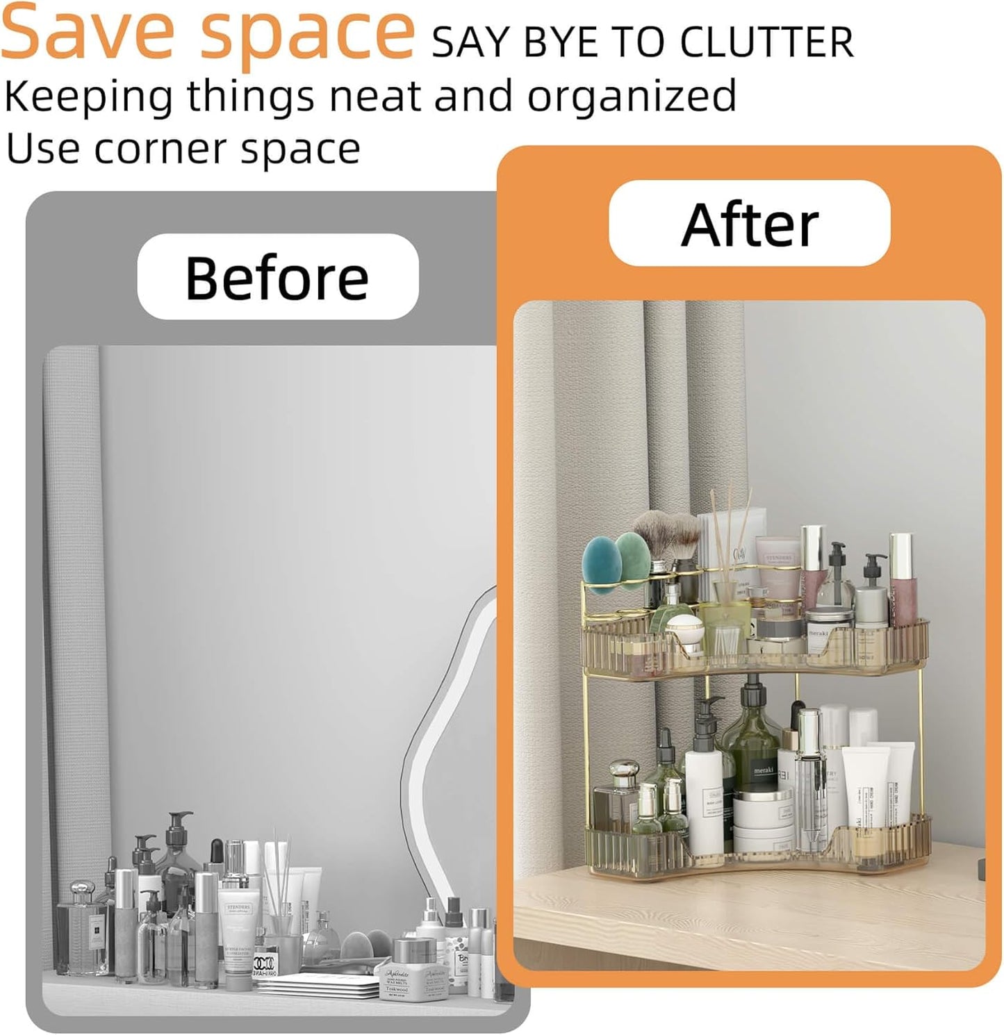 Corner Bathroom Counter Organizer with Top Toothbrush Holders, 2-Tier Make Up Organizers for Vanity with Brush Holder, Corner Storage for Bathroom, Kitchen, Dresser