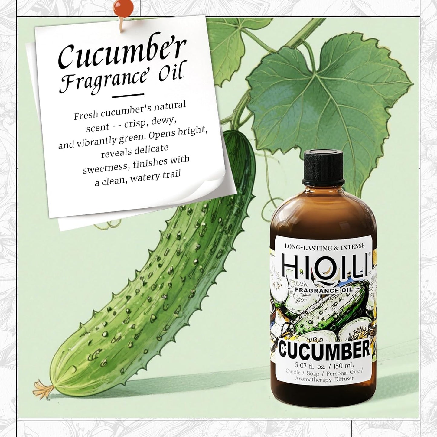 HIQILI Cucumber Fragrance Oil for Diffuser Use, Fresh Scents for DIY Soap, Body Spray, Candle Supplies for Candle Making - 5.07 Fl Oz