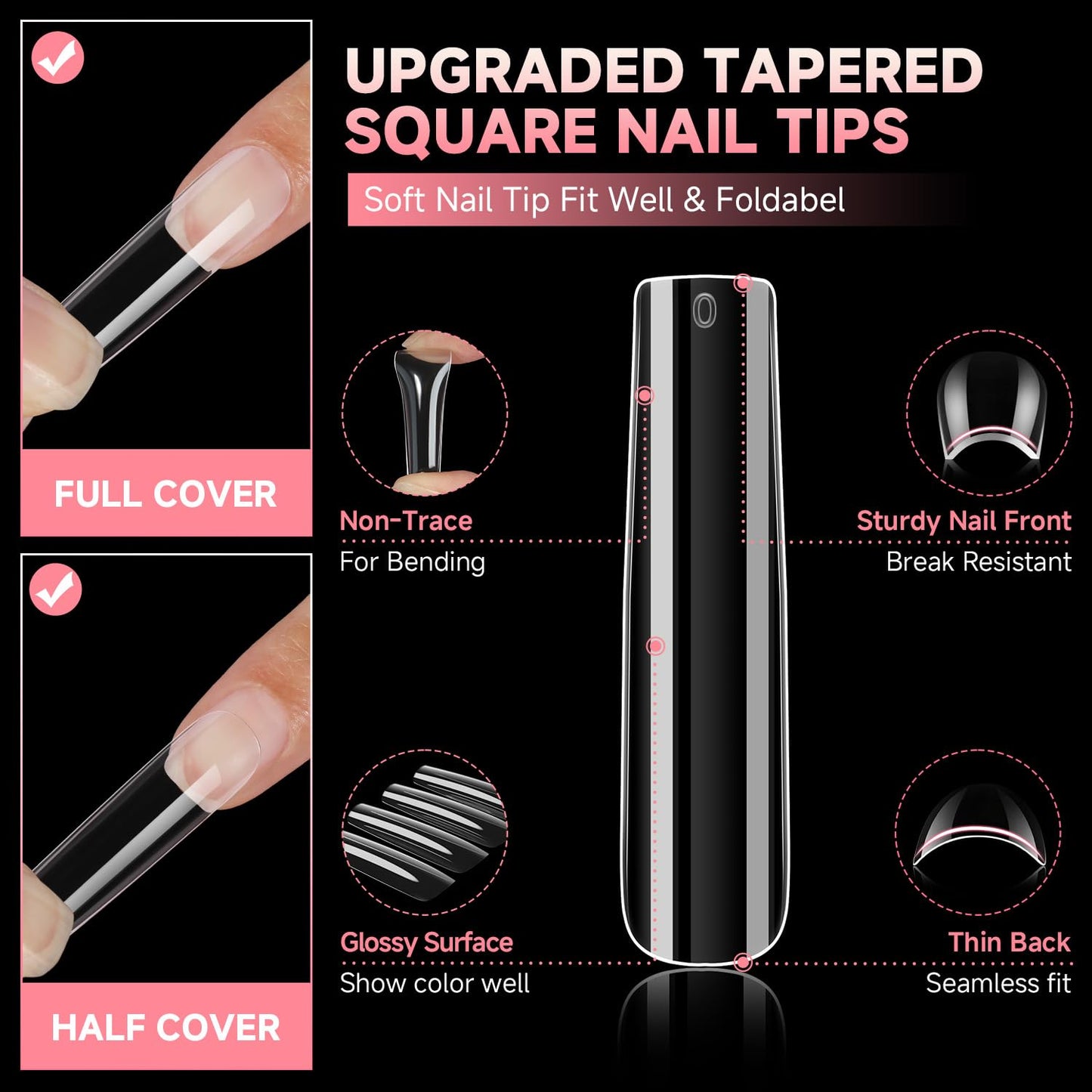 UNA GELLA Extra Long Tapered Sqaure Nail Tips Full Cover 504pcs No C Curve Clear Gel Nail Tips XXL Long Straight Nails Tips Acrylic Nails Square Gel Nails for DIY Nail Art 12 Sizes