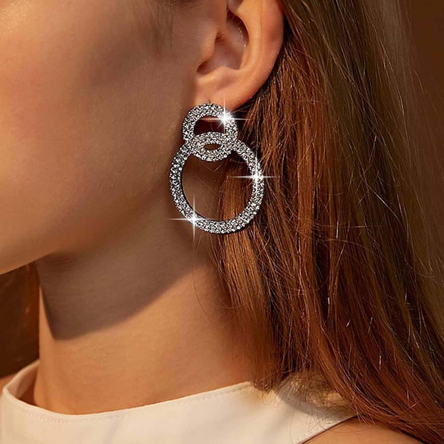 Vintage Crystal Circle Drop Earrings Double Circle Hoop Earrings Gold Cz Circle Dangle Earrings CZ Hollow Circle Earrings Jewelry for Women