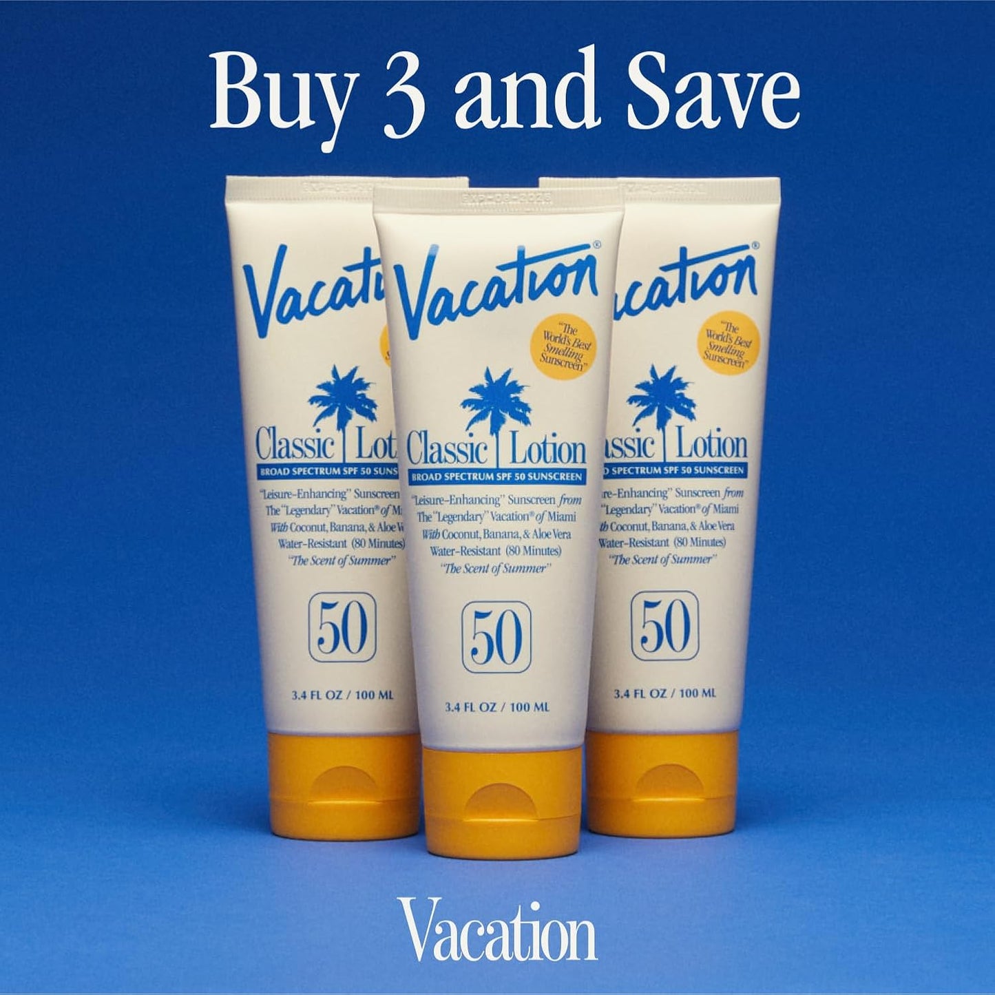 Vacation Classic Sunscreen Lotion SPF 50, Water-Resistant, Lightweight, Transparent on All Skin Tones, Dermatologist-Tested, Vegan, Travel Size, 3.4 Fl. Oz. (Value Pack of 3)