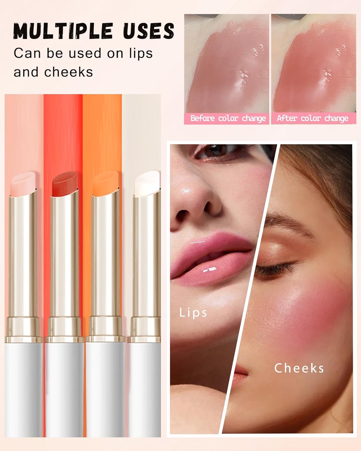 PH Color Changing Lipstick, Waterproof Temperature Color Change Lip Balm, Multi-Use Lip and Cheek Tinted Lip Gloss, Long-Lasting Hydrating Moisturizing Lip Tint, Festival Makeup Gift for Women-01 Pink