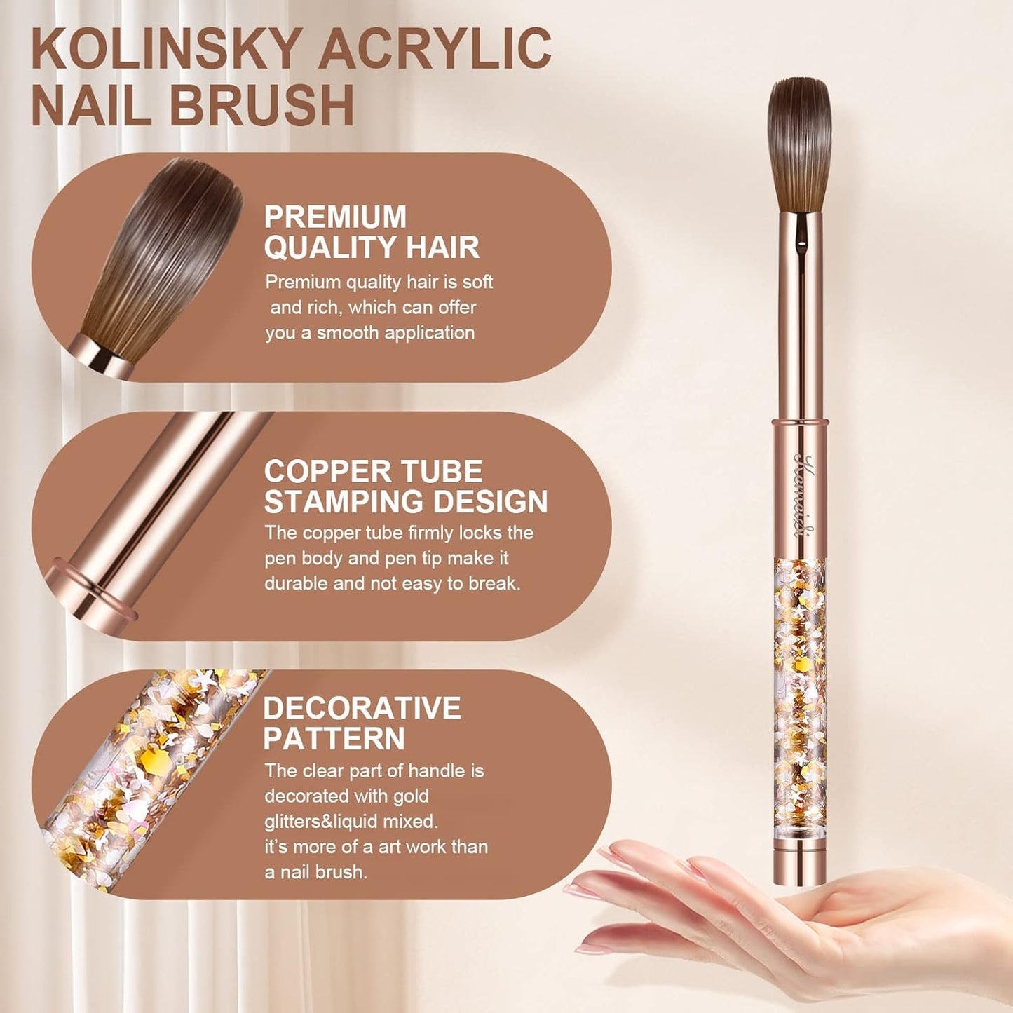 Acrylic Nail Brush Size 10,KEMEISI 100% Pure Kolinsky Nail Art Brushes Sturdy Handle Oval Shaped Acrylic Powder Nail Design Tools for Professional Manicure DIY Home Salon (Gold)