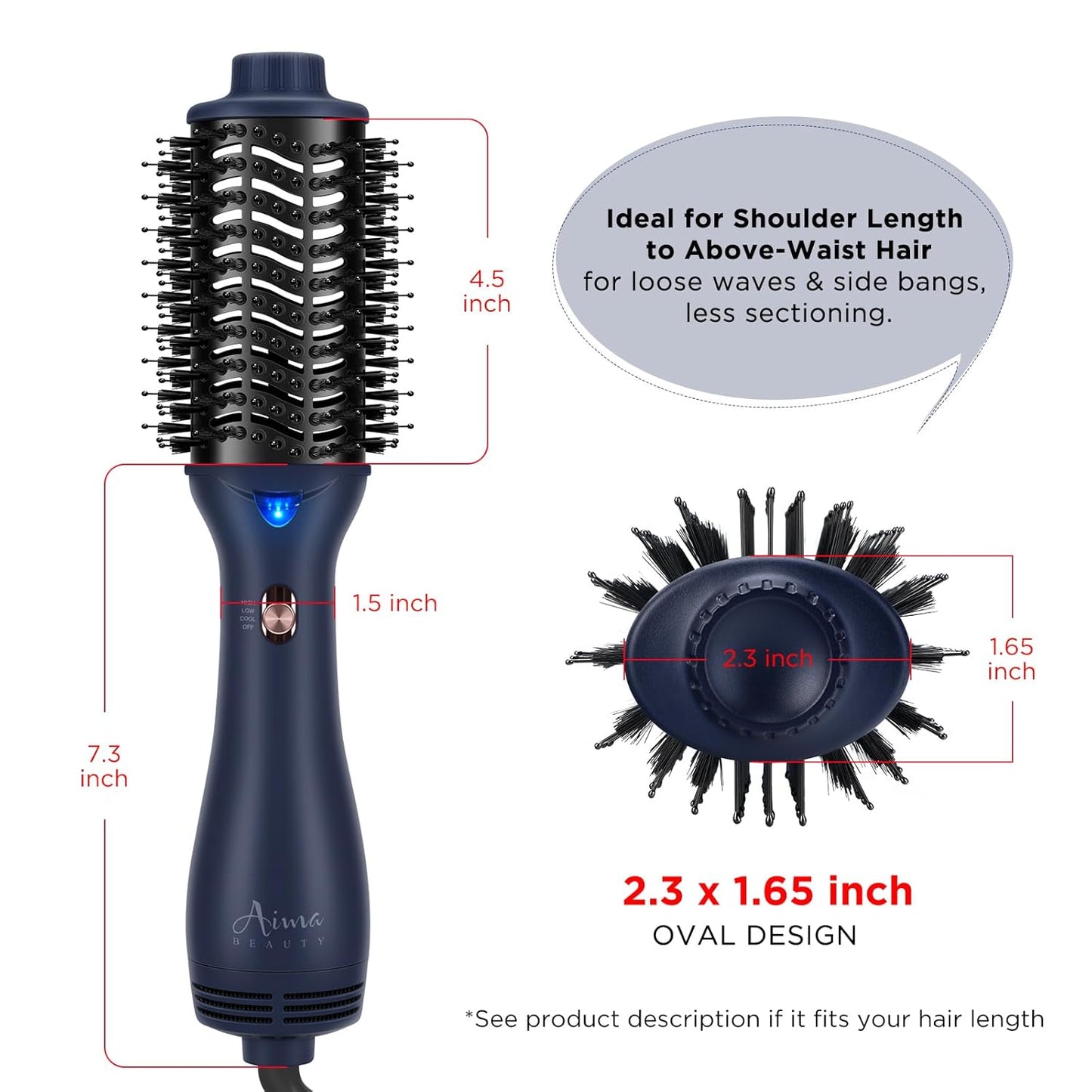 One Step Hair Dryer & Volumizing Brush, Aima Beauty Hair Styling Tool - Ceramic Straightener, Curler, Hot Air Styler & Ionic Salon Brush, Prussian Blue