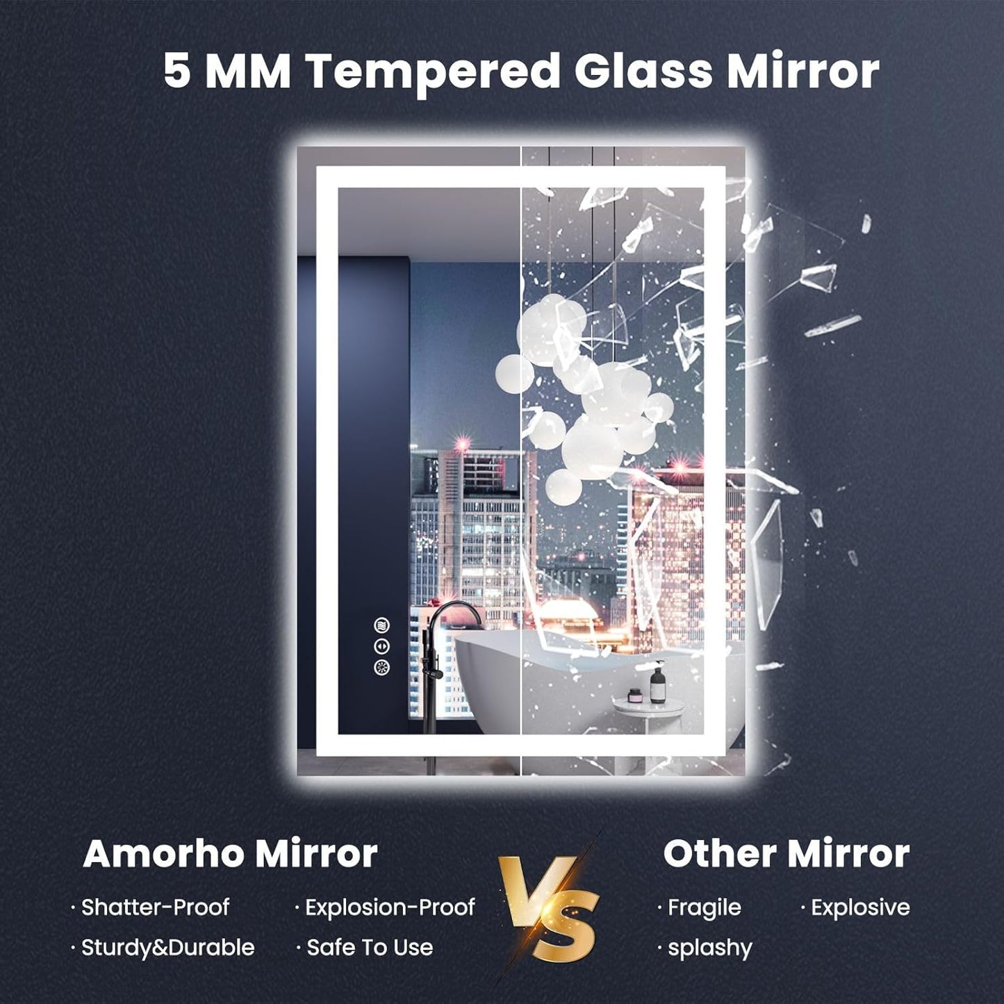 Amorho LED Mirror for Bathroom 28X20 Inch with Backlight and Front Lit, Fogless Mirror for Wall Mounted, Dimmable, 3 Colors, Memory