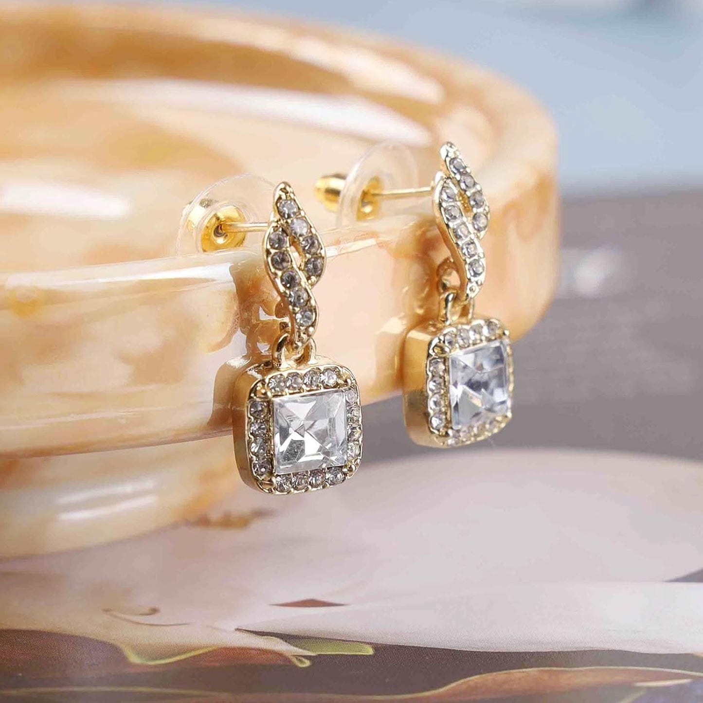 Vintage Crystal Square Drop Earrings Gold Cz Square Stud Earrings Rhinestone Square Dangle Earrings Geometry Cz Earrings Jewelry for Women
