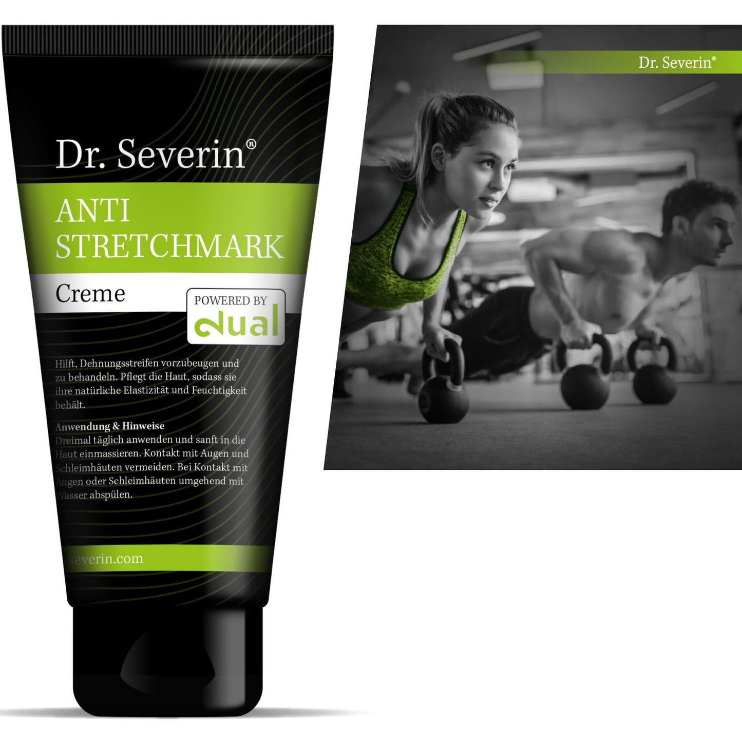 Anti-Stretch Solution: Dr. med. Severin® Stretch mark Cream powered by dual. Prevent + remove stretch marks during muscle building + pregnancy, effective ointment against stretch marks, innovative.
