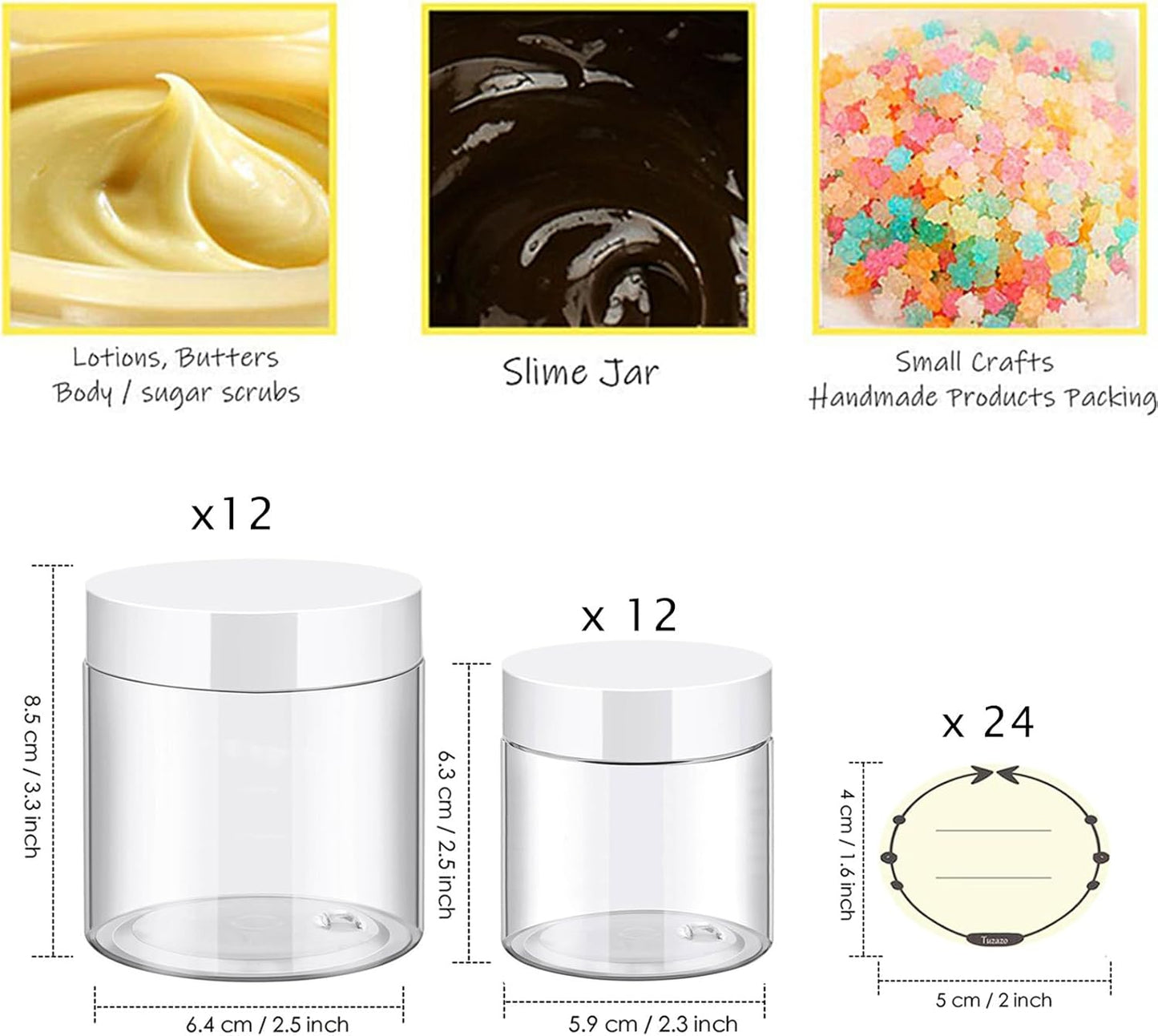 TUZAZO 24 Pack Plastic Jars with White Lids and Labels, 12pcs 8 OZ and 12pcs 4 OZ Round Clear Cosmetic Containers for Body Butter, Body Scrub, Cream, Lotion, Slime Jar, Small Items, Travel Storage
