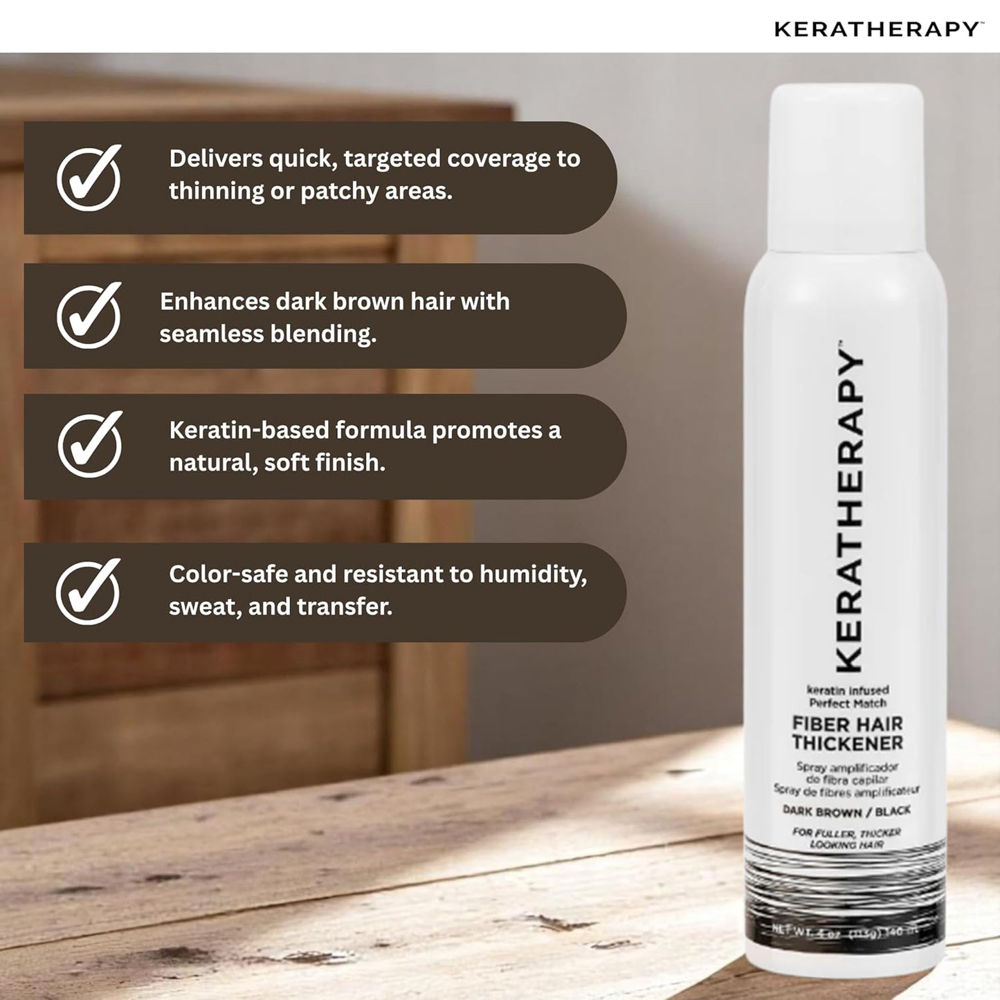 Keratherapy Keratin Infused Perfect Match Fiber Hair Thickener Spray, Dark Brown to Black, 4 fl. oz., 140 ml - Volumizing, Thickening, & Concealing Hairspray for Scalp Coverage, Roots & Thinning Areas