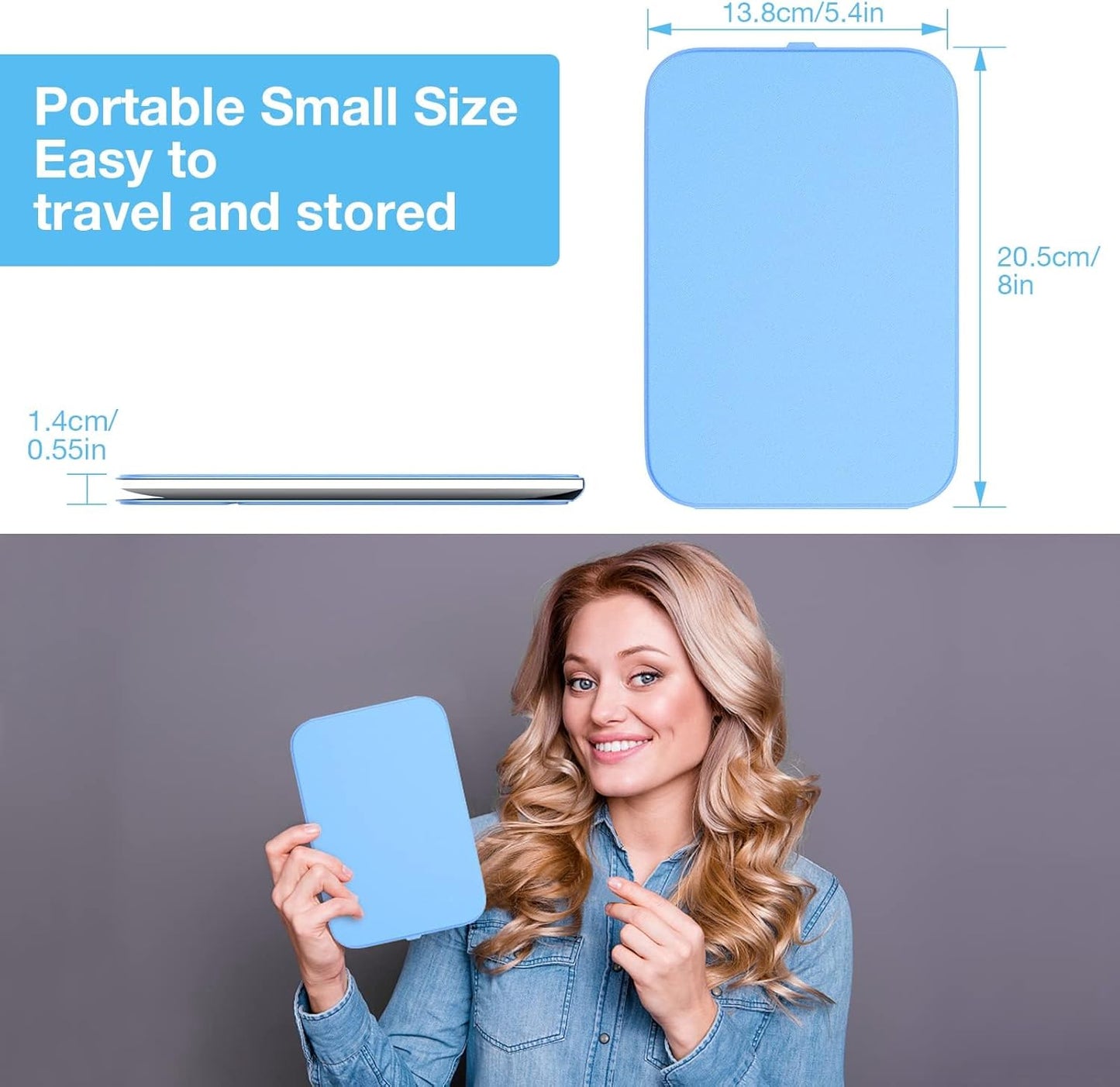 Kintion Travel Makeup Mirror, Portable LED Lighted Makeup Mirror, 360° Rotation Touch Screen Vanity Mirror, 60 LEDs, 3-Color Dimmable Lighting, Rechargeable Tabletop Folding Cosmetic Mirror, Blue