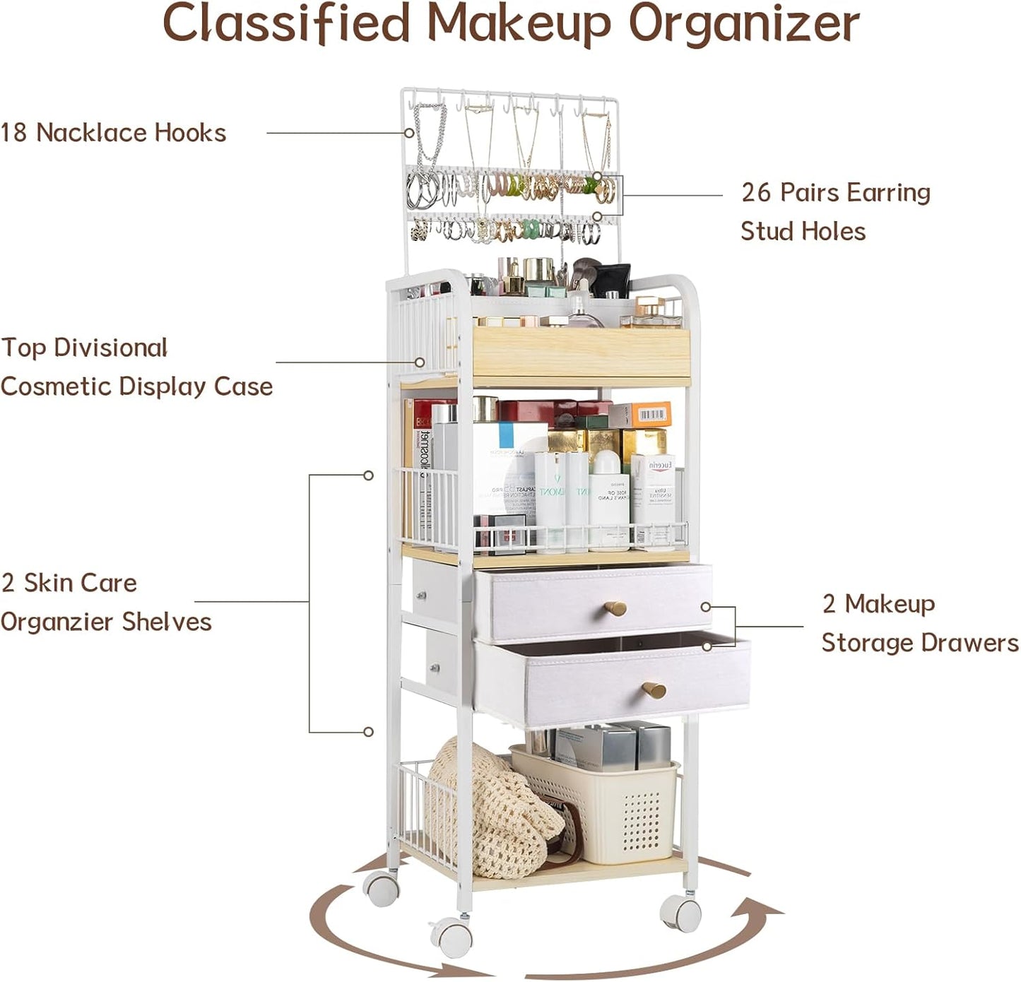 YGJT Makeup Organizer, Floor Skincare Cosmetics Organizer with Drawers, Jewelry Organizers and Storage for Earring Necklace, Vanity Organizer for Skin Care Perfume Makeup Brush Nail Polish Hair Tool