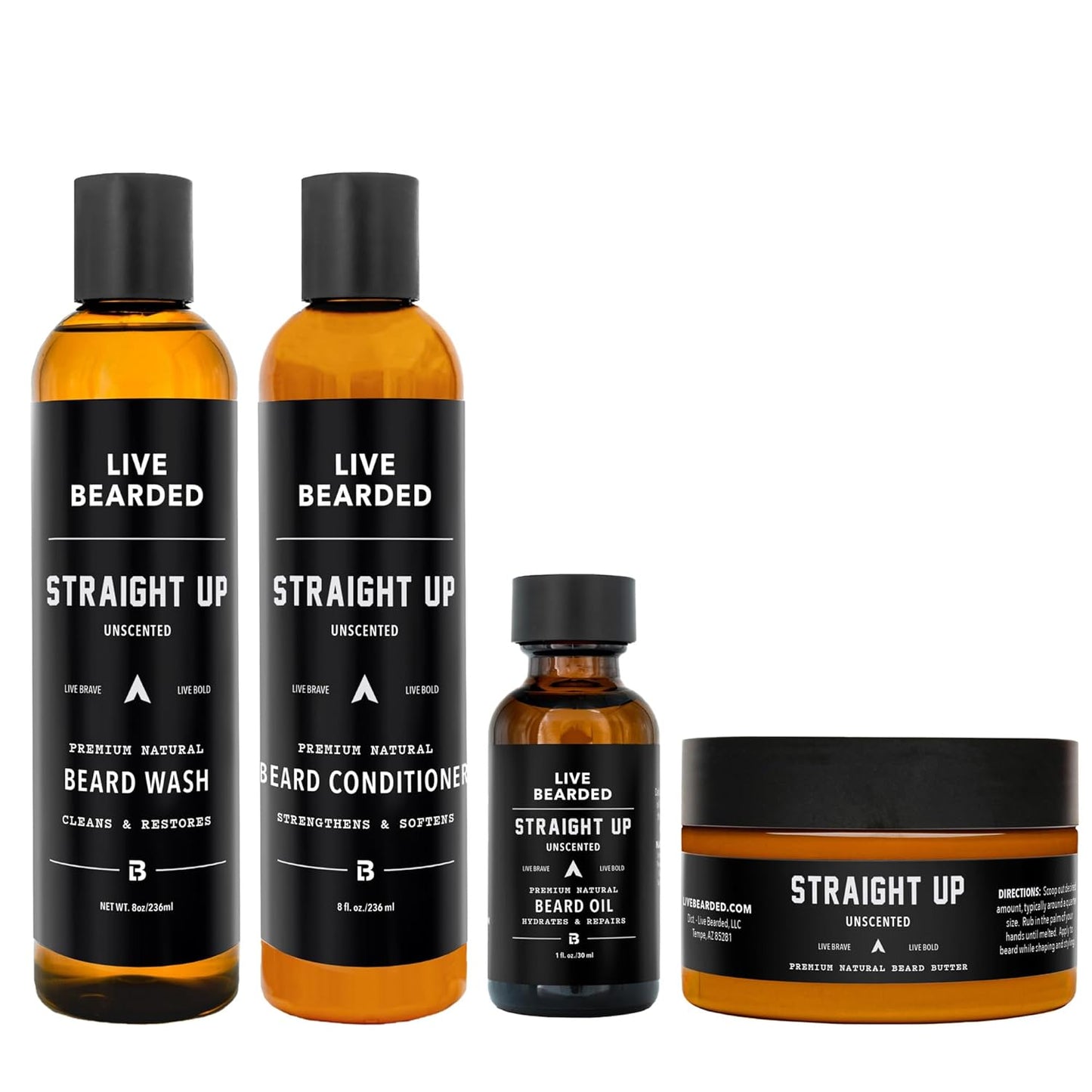 Live Bearded Complete Beard Grooming Kit - Wash, Conditioner, Butter and Oil - Made in the USA with All-Natural Ingredients - Mens Groom Set | Straight Up Unscented - Fragrance-Free
