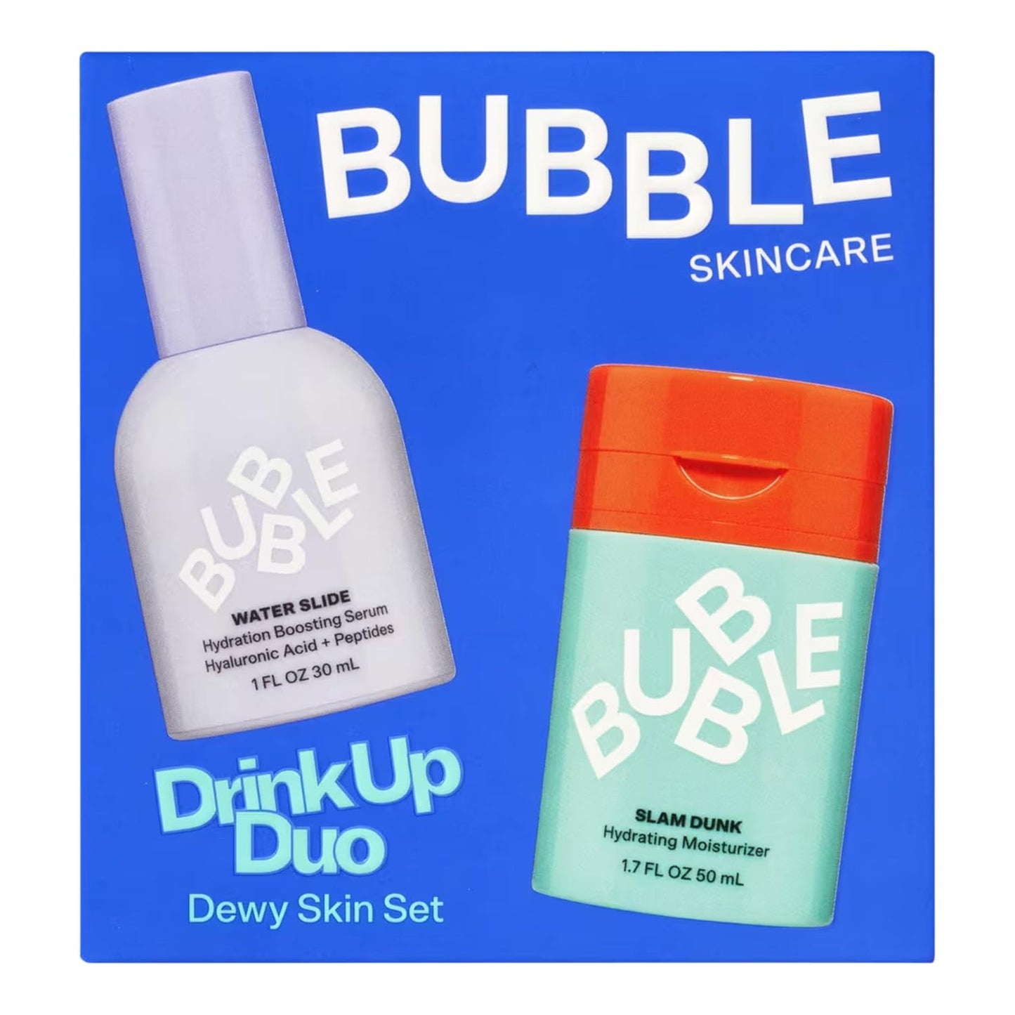 Bubble Skincare Drink Up Duo Dewy Skin Care Set - Travel Size Gift Set Includes Water Slide Hyaluronic Acid Serum & Slam Dunk Face Moisturizer - Promotes Healthy, Hydrated Skin (2 Count)