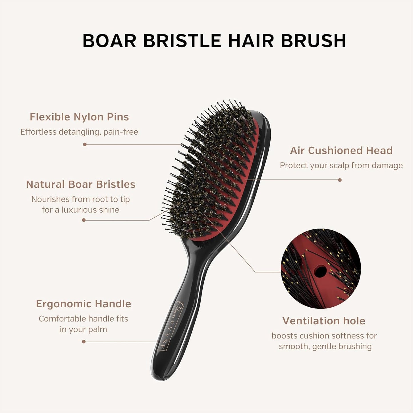 Boar Bristle Hair Brush,Nylon Pins and Boar Bristles for Smoothing,Detangling,Reducing Breakage and Enhancing Shine,Hairbrush for Women,Men