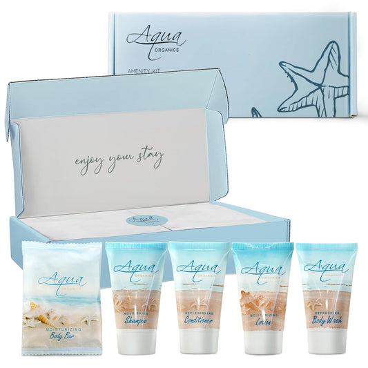 1-Shoppe All-In-Kit|Aqua Organics Amenity Kit|Boxed Hotel Toiletries|Bulk Set 1oz Travel Size Shampoo,Conditioner,Lotion,Body Wash & Bar Soap for Guest Hospitality AirBnB/Vacation Rentals|5 Pieces