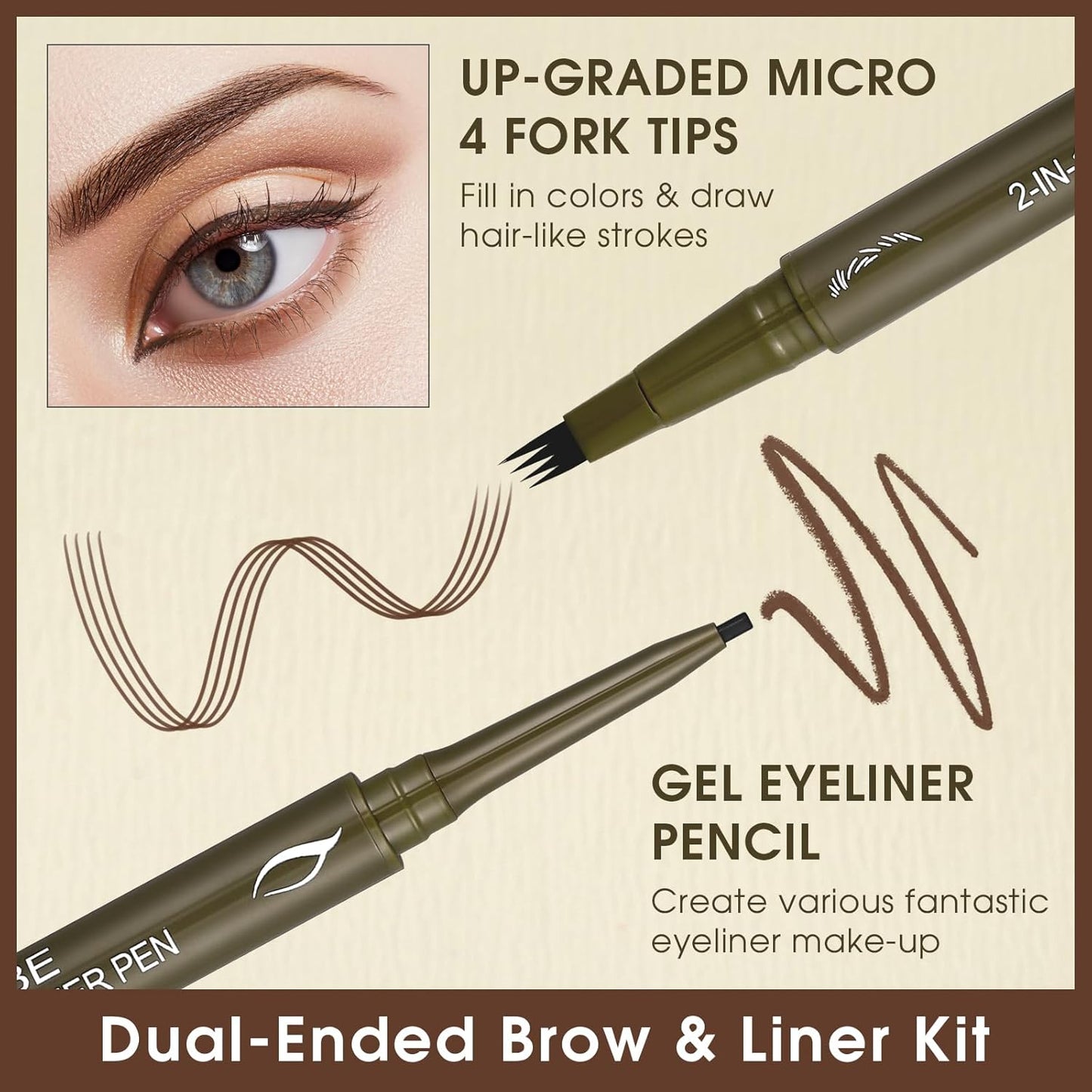 UCANBE Eyebrow Pen, Dual-Ended Eyebrow Pencil with 4-Fork-Tip & Gel Eyeliner for Women, Eye Brow Pen with Gel Eyeliner Pencil, Microblading Eyebrow Pencils with Hair Like Strokes, Dark Brown