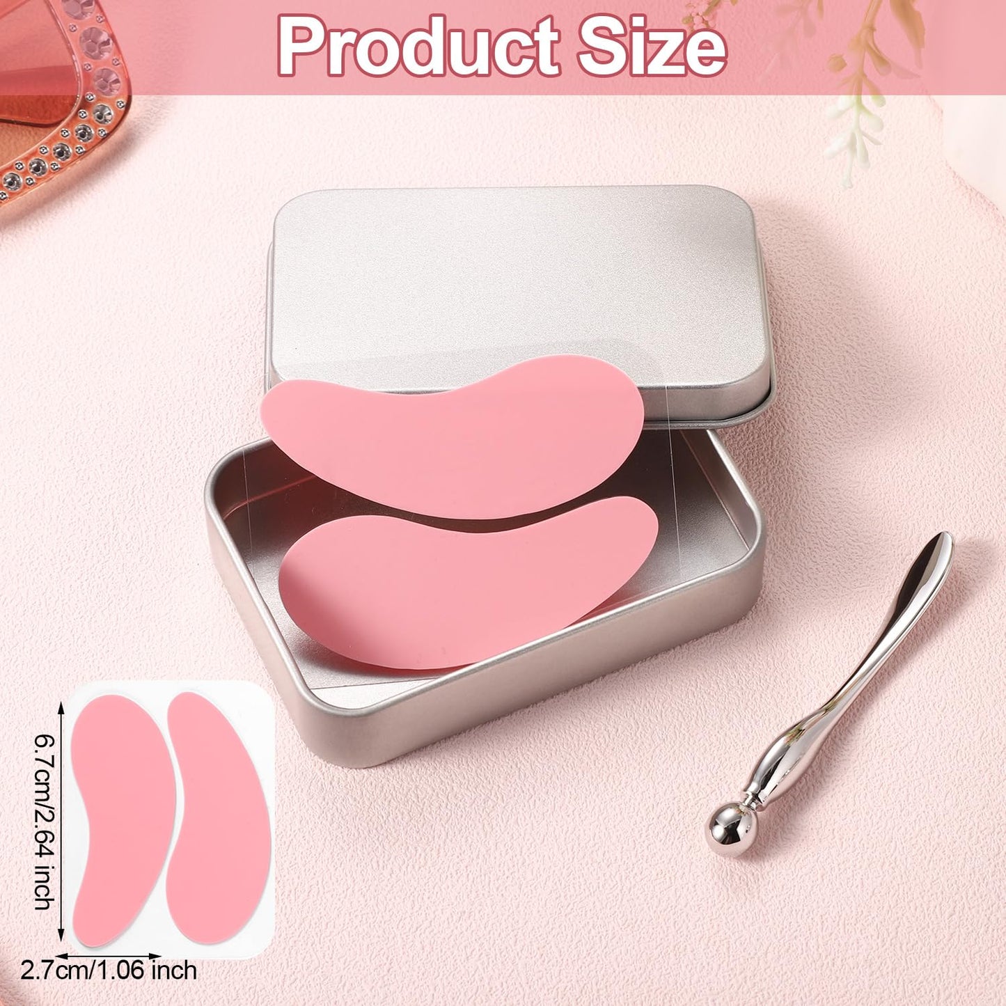 1 Pair Reusable Eye Patch, Silicone Reusable Eye Gel Pads Eye Wrinkle Patches Under Eye Mask, Plump Fine Lines & Wrinkles with Metal Eye Cream Applicator & Tin Case (Pink)