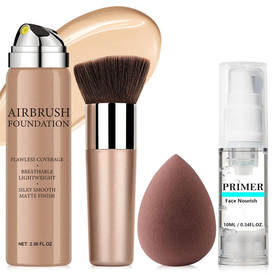 AirBrush Foundation Spray With Primer and Brush, Silky Mist Foundation Spray Makeup, Full Coverage Foundation for Smooth Radiant Finish, Formula Breathable Lightweight Hydrating(#3 Nude)