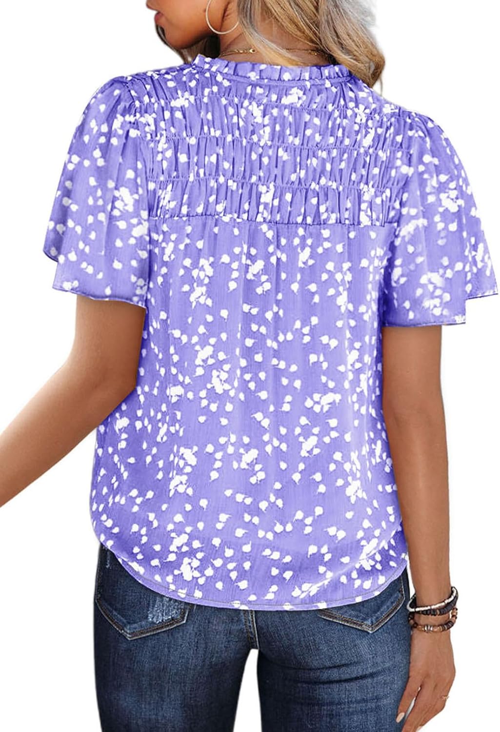 SHEWIN Women's Casual V Neck Floral Print Smocked Short Sleeve Chiffon Blouses Bohemian Top Shirts