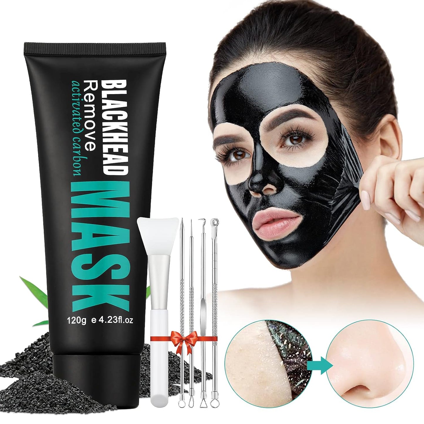 Peel Off Face Mask Blackhead Whiteheads Remover Masks Activated Charcoal Black Mask Purifying Peeling Facial Mask for Nose Pores Removal Reducing Cleansing Acne with Brush and Pimple Extractor Tools