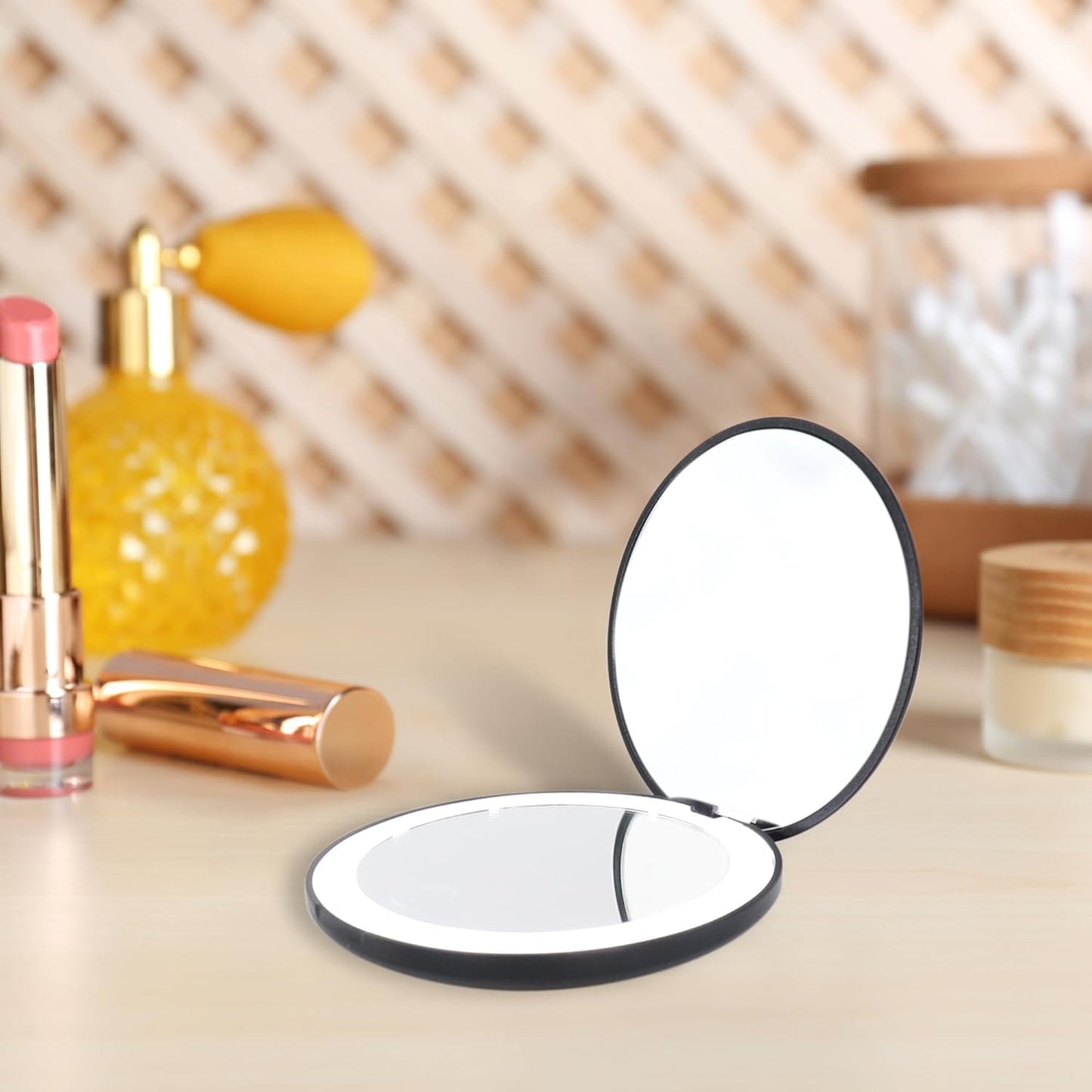 LanJo Lighted Compact Mirror with 1X/5X Magnification, Stepless Dimming & 3 Adjustable Light Settings, Rechargeable Makeup Mirror for Purse, Travel & Gifts – Water Sign Zodiac Design – Black
