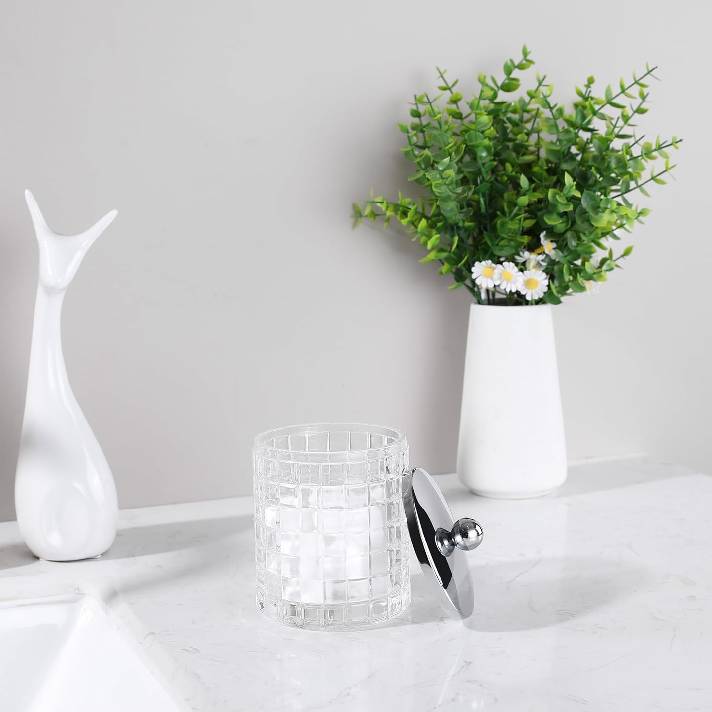 Glass Cotton Jar Holder Silver Lid, Elegant Bathroom Storage Canister for Qtips, Cotton Balls, Floss, Makeup Organizer, Vanity Bathroom Organization