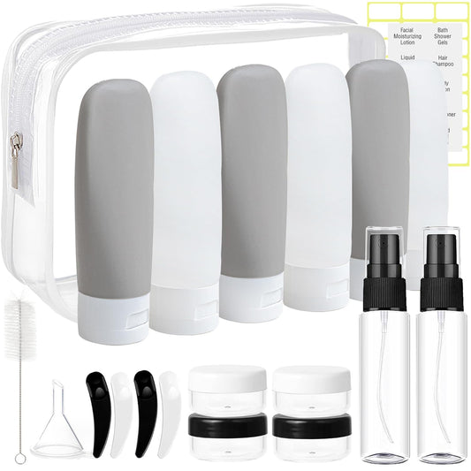 20 Pack Travel Bottles Set - TSA Approved Leak Proof Containers Kit for Toiletries - Portable Refillable Accessories for Shampoo, Conditioner, Lotion, Liquids (Black & White)